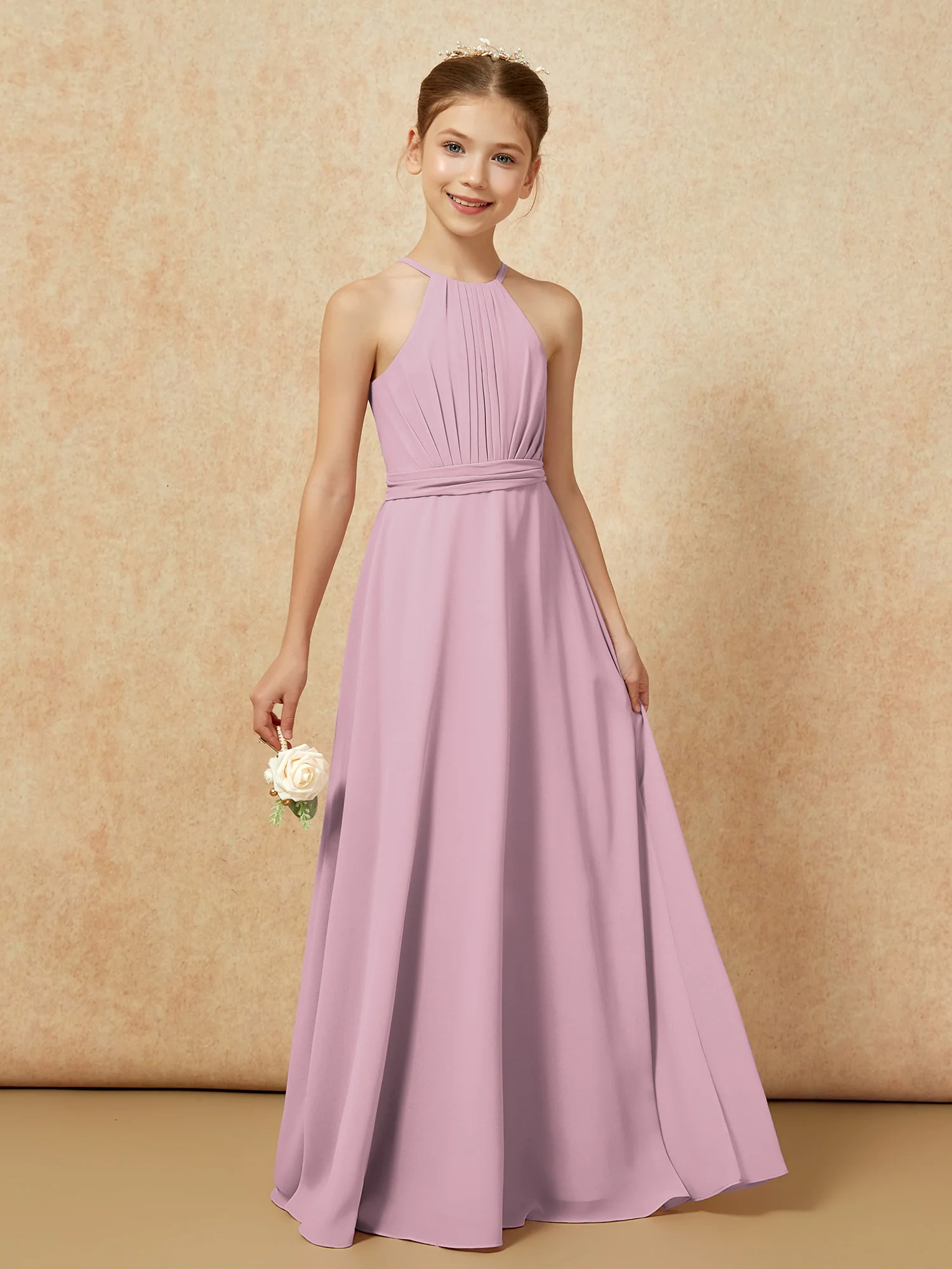 Sleeveless Pleated Long Chiffon Junior Bridesmaid Dress Vintage Mauve - Image 6