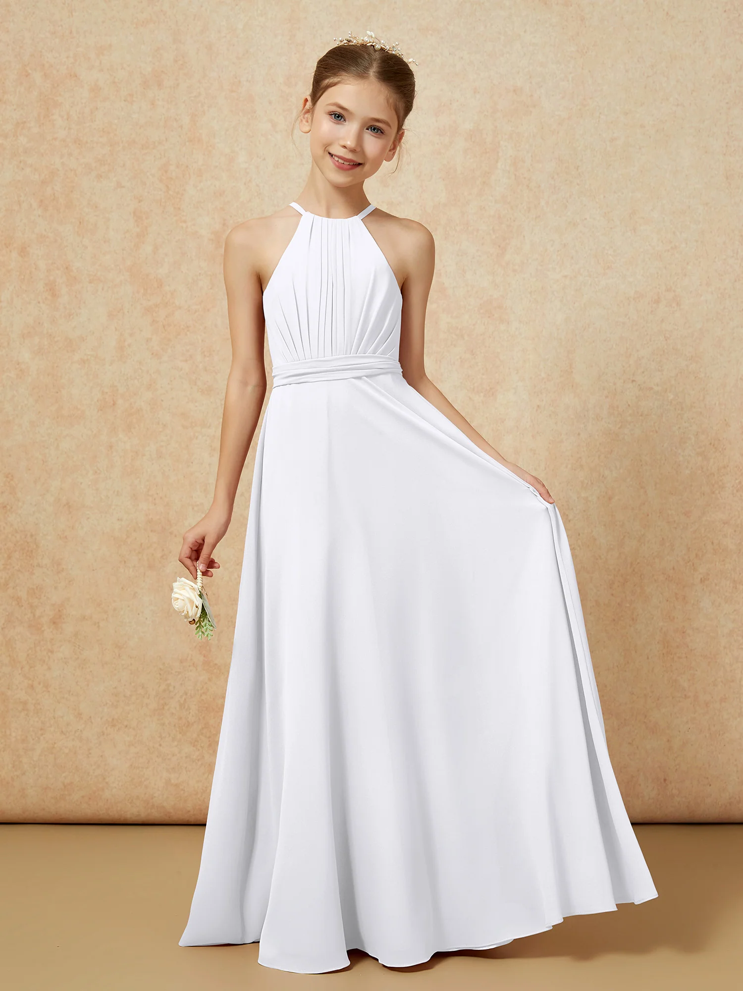 Sleeveless Pleated Long Chiffon Junior Bridesmaid Dress White