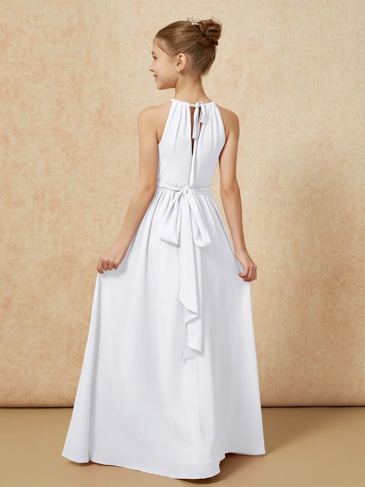 Sleeveless Pleated Long Chiffon Junior Bridesmaid Dress White - Image 2