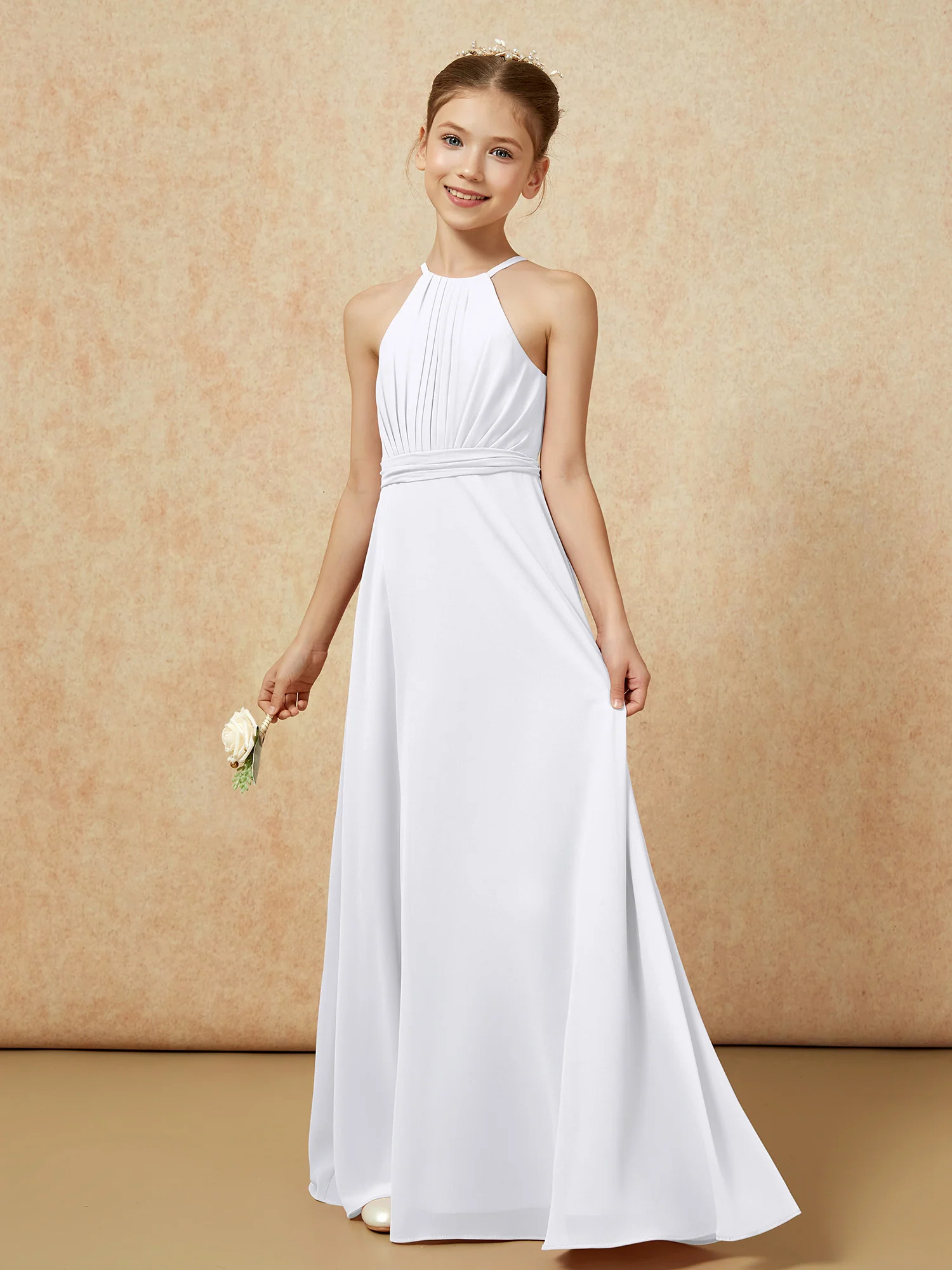 Sleeveless Pleated Long Chiffon Junior Bridesmaid Dress White - Image 3