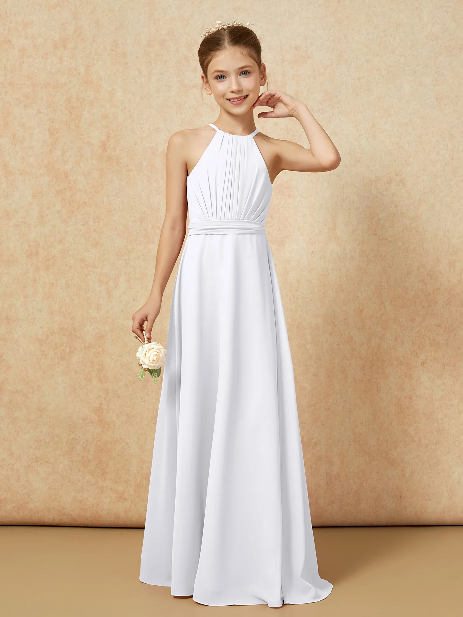 Sleeveless Pleated Long Chiffon Junior Bridesmaid Dress White - Image 5