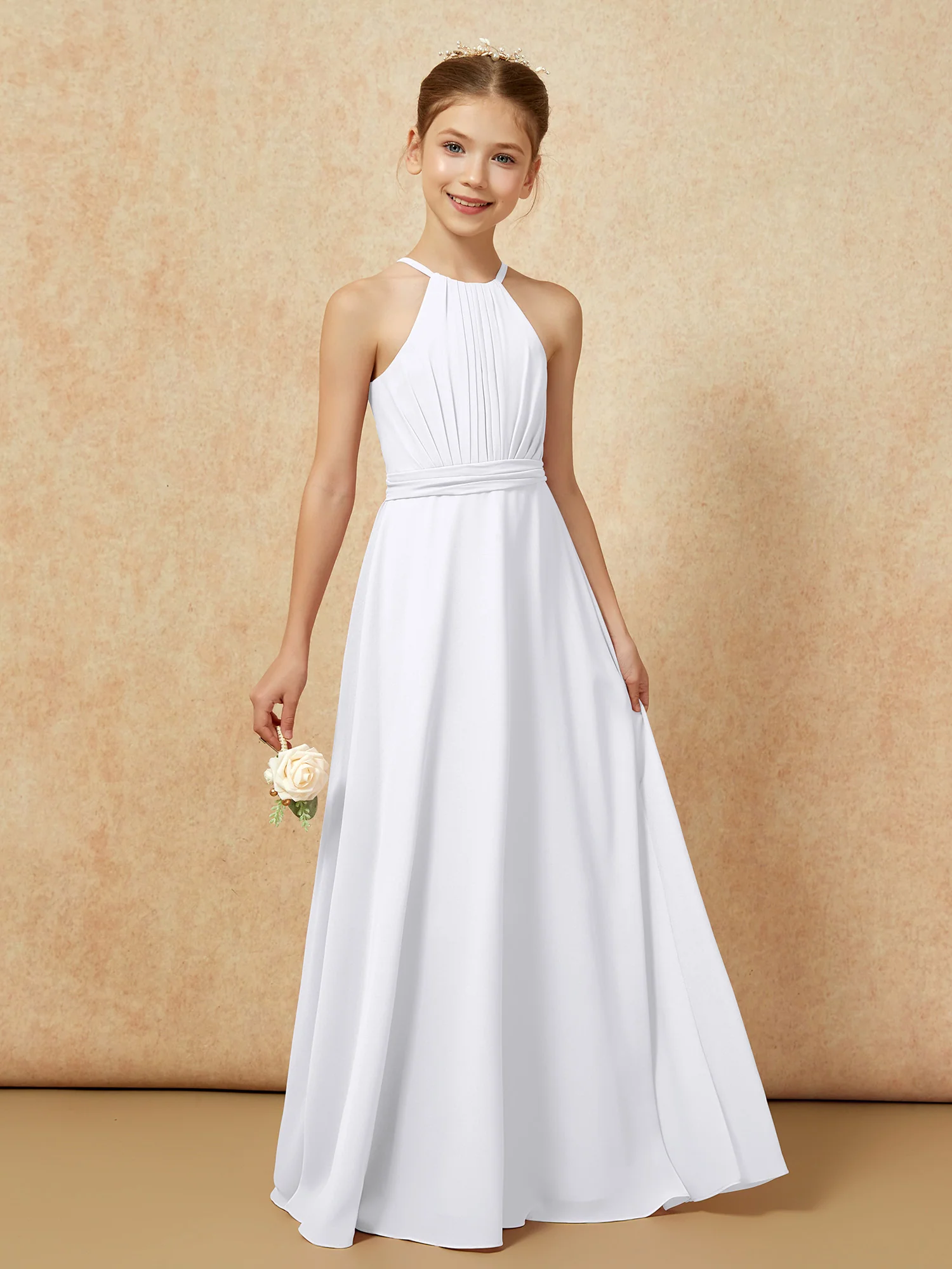 Sleeveless Pleated Long Chiffon Junior Bridesmaid Dress White - Image 6
