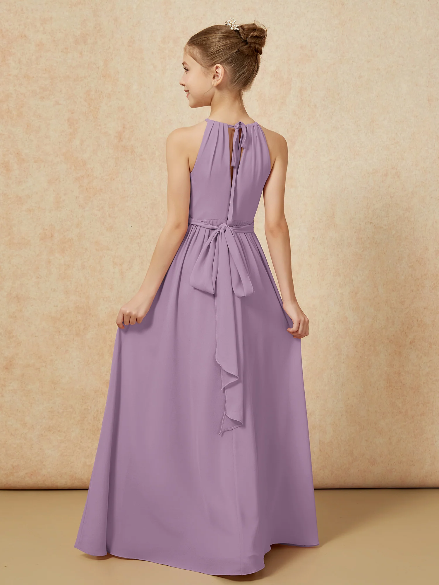 Sleeveless Pleated Long Chiffon Junior Bridesmaid Dress Wisteria - Image 2
