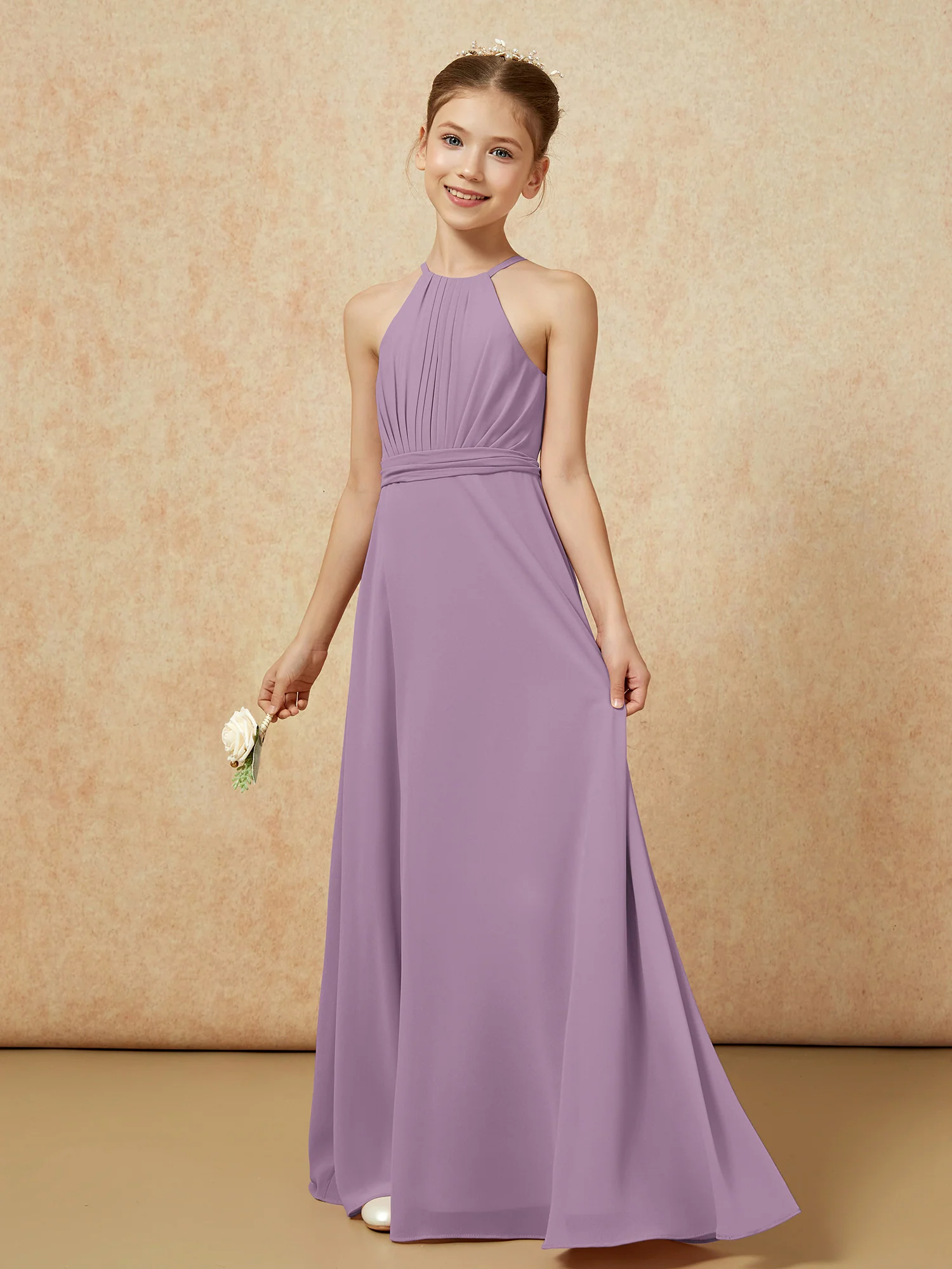 Sleeveless Pleated Long Chiffon Junior Bridesmaid Dress Wisteria - Image 3