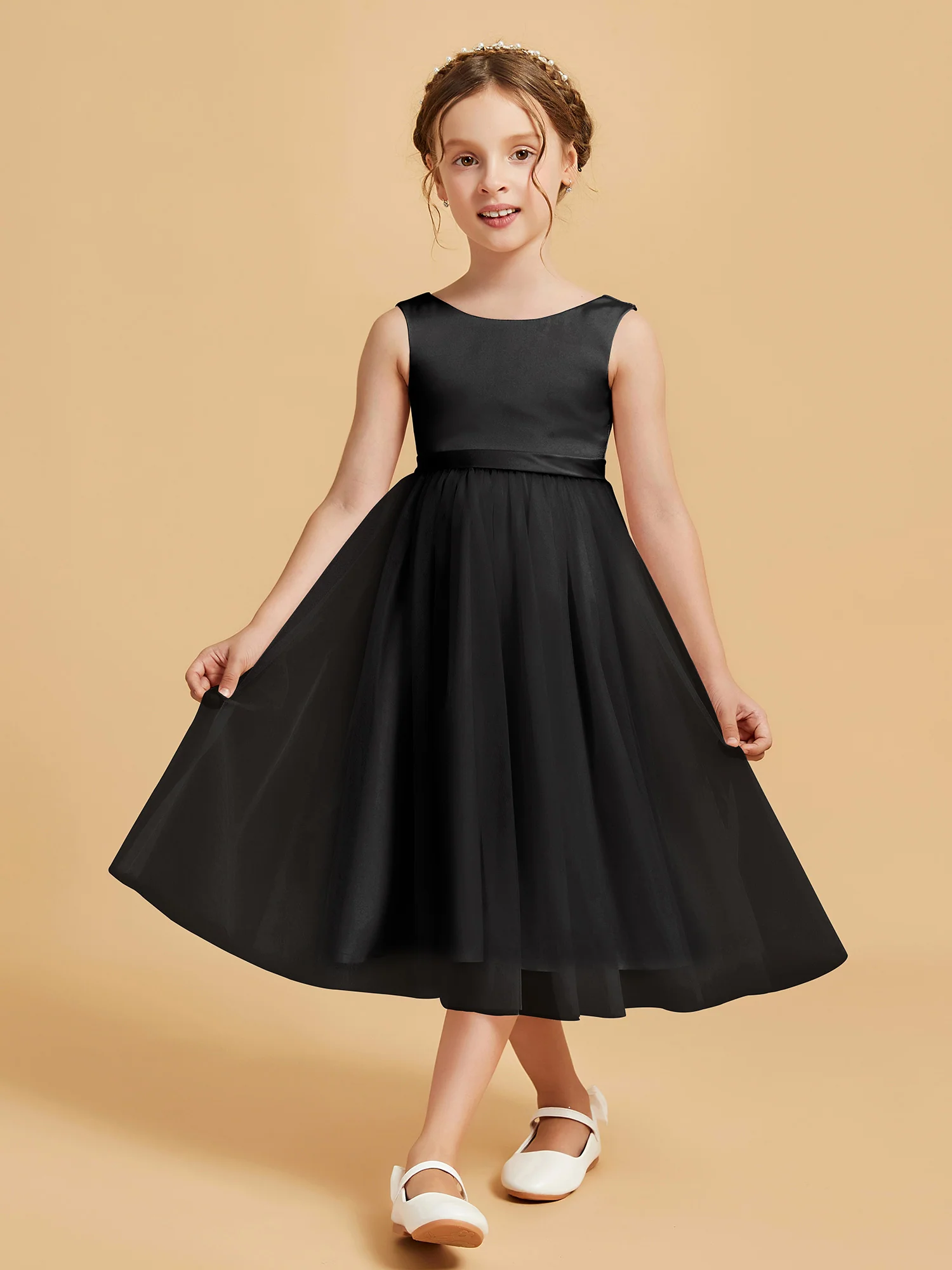 Sleeveless Satin Pleated Girl's Dress Black