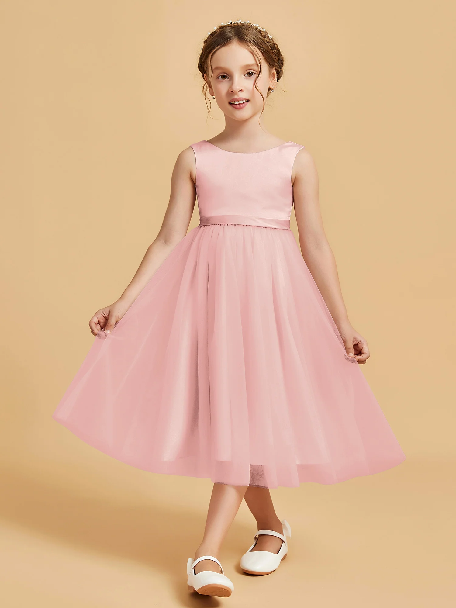 Sleeveless Satin Pleated Girl's Dress Blushing Pink