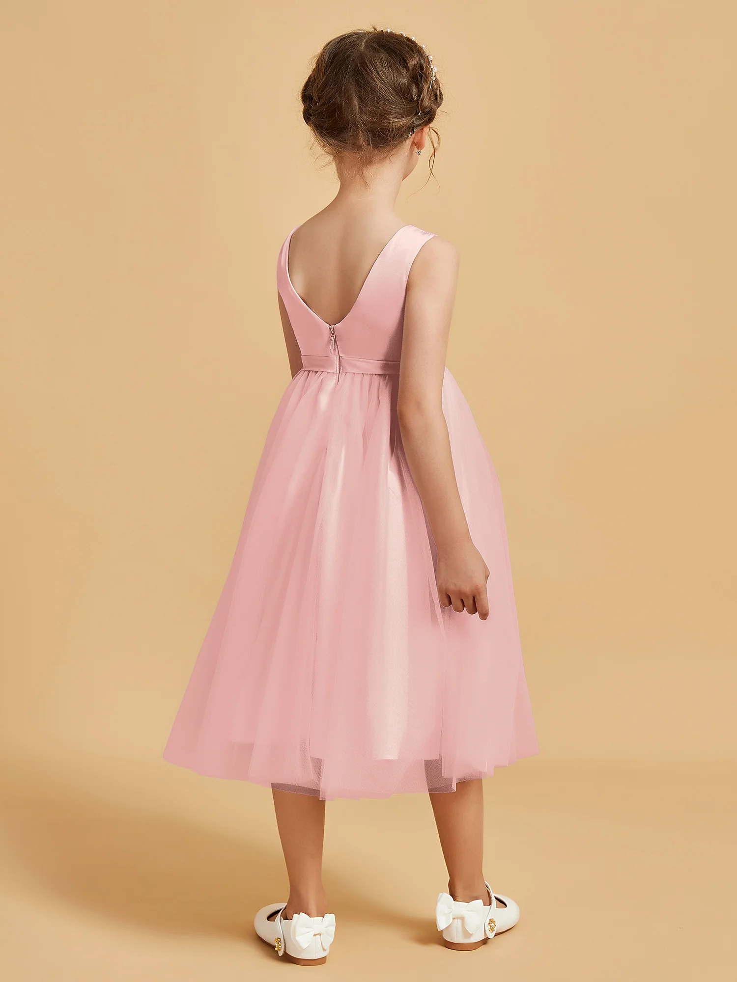 Sleeveless Satin Pleated Girl's Dress Blushing Pink - Image 2