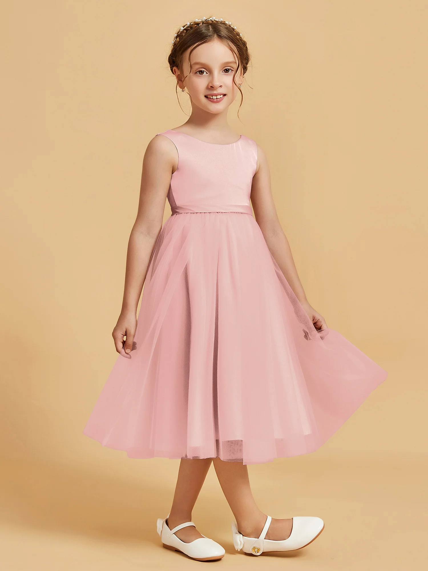 Sleeveless Satin Pleated Girl's Dress Blushing Pink - Image 3