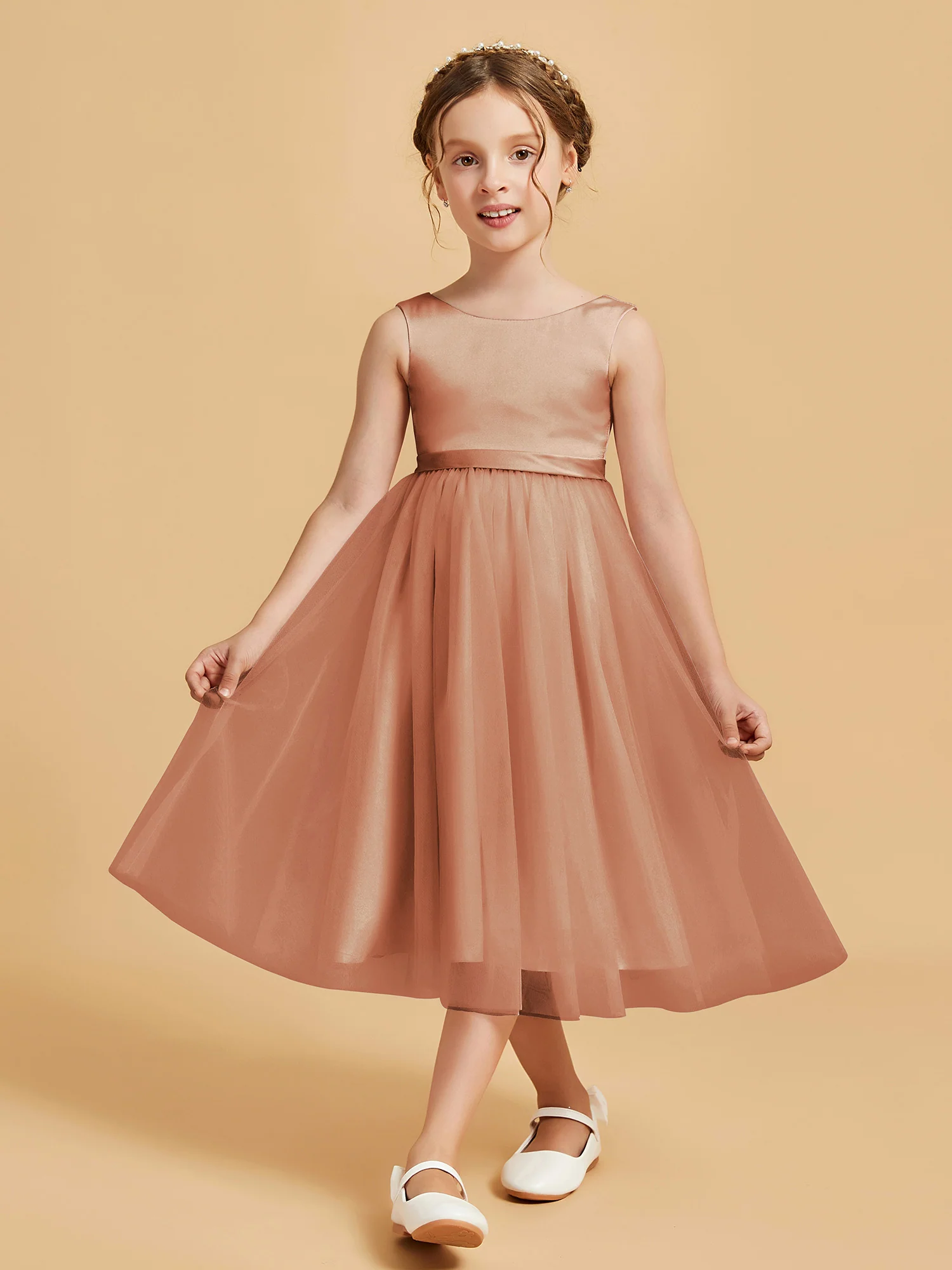 Sleeveless Satin Pleated Girl's Dress Bronzer