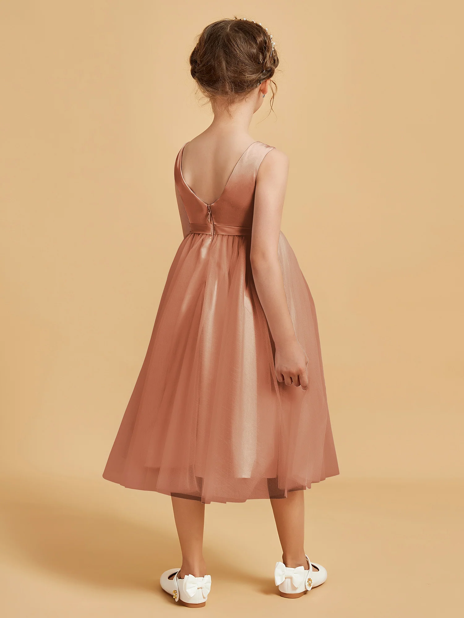Sleeveless Satin Pleated Girl's Dress Bronzer - Image 2