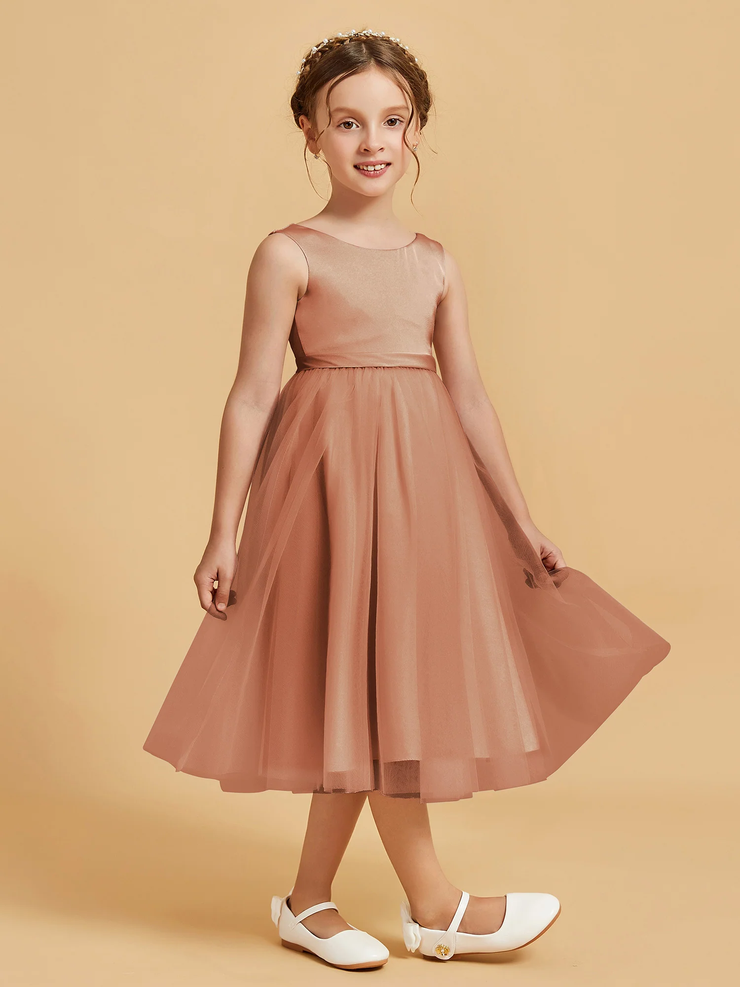 Sleeveless Satin Pleated Girl's Dress Bronzer - Image 3