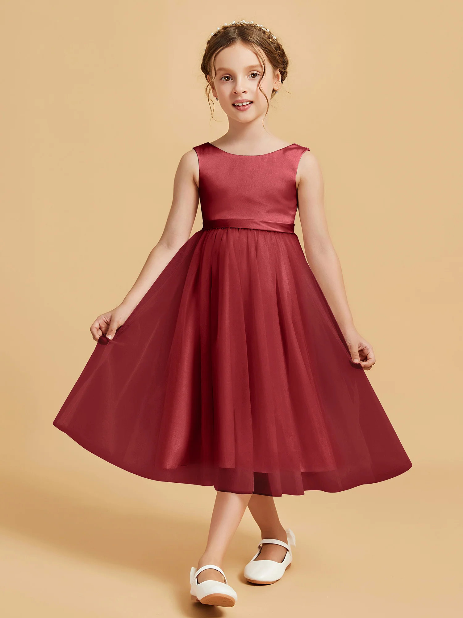Sleeveless Satin Pleated Girl's Dress Burgundy