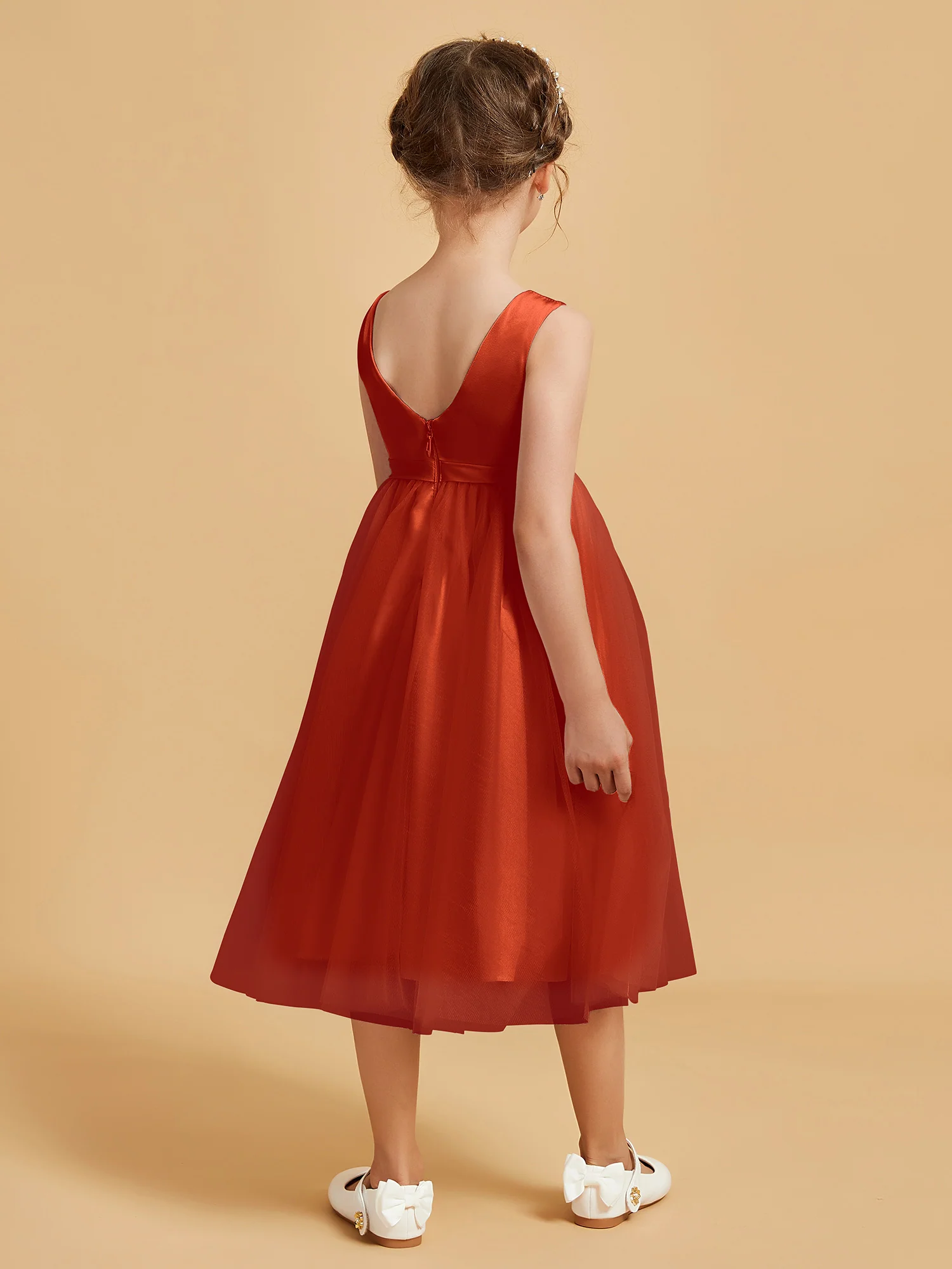 Sleeveless Satin Pleated Girl's Dress Burnt Orange - Image 2