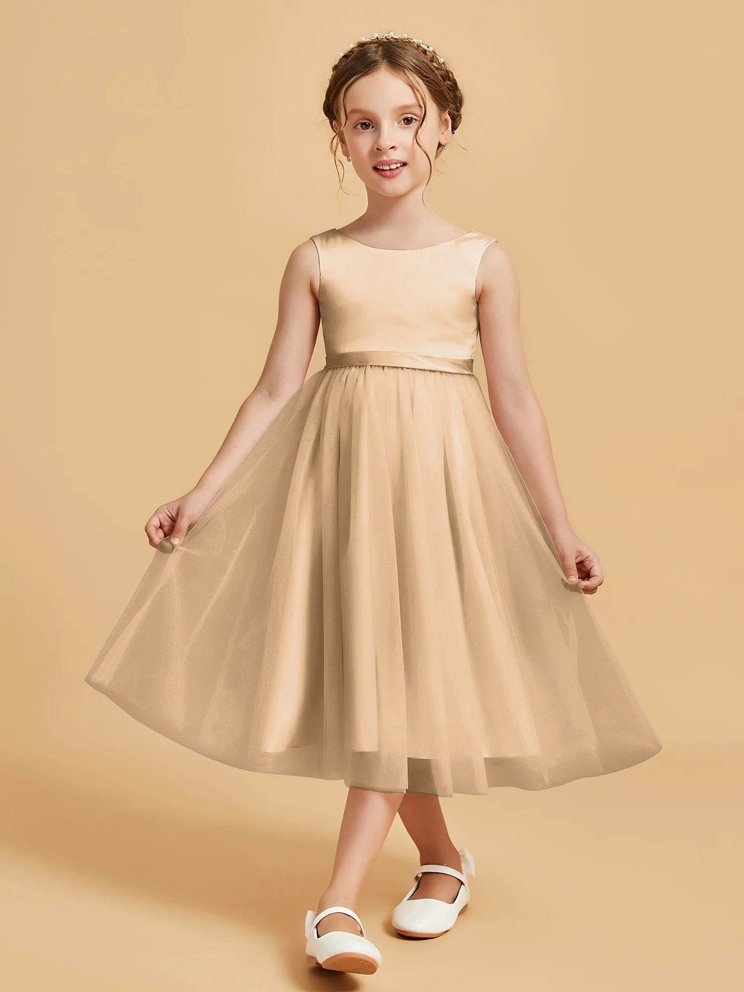 Sleeveless Satin Pleated Girl's Dress Champagne