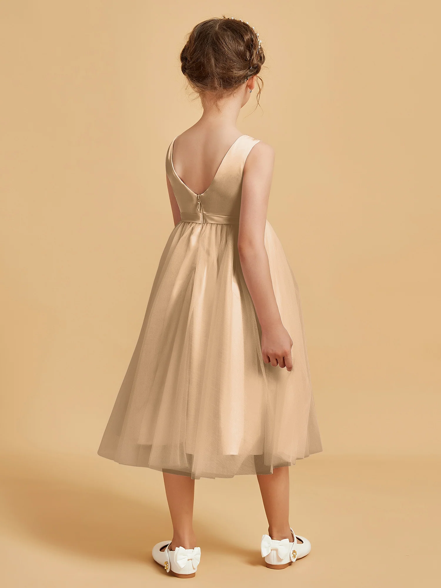 Sleeveless Satin Pleated Girl's Dress Champagne - Image 2