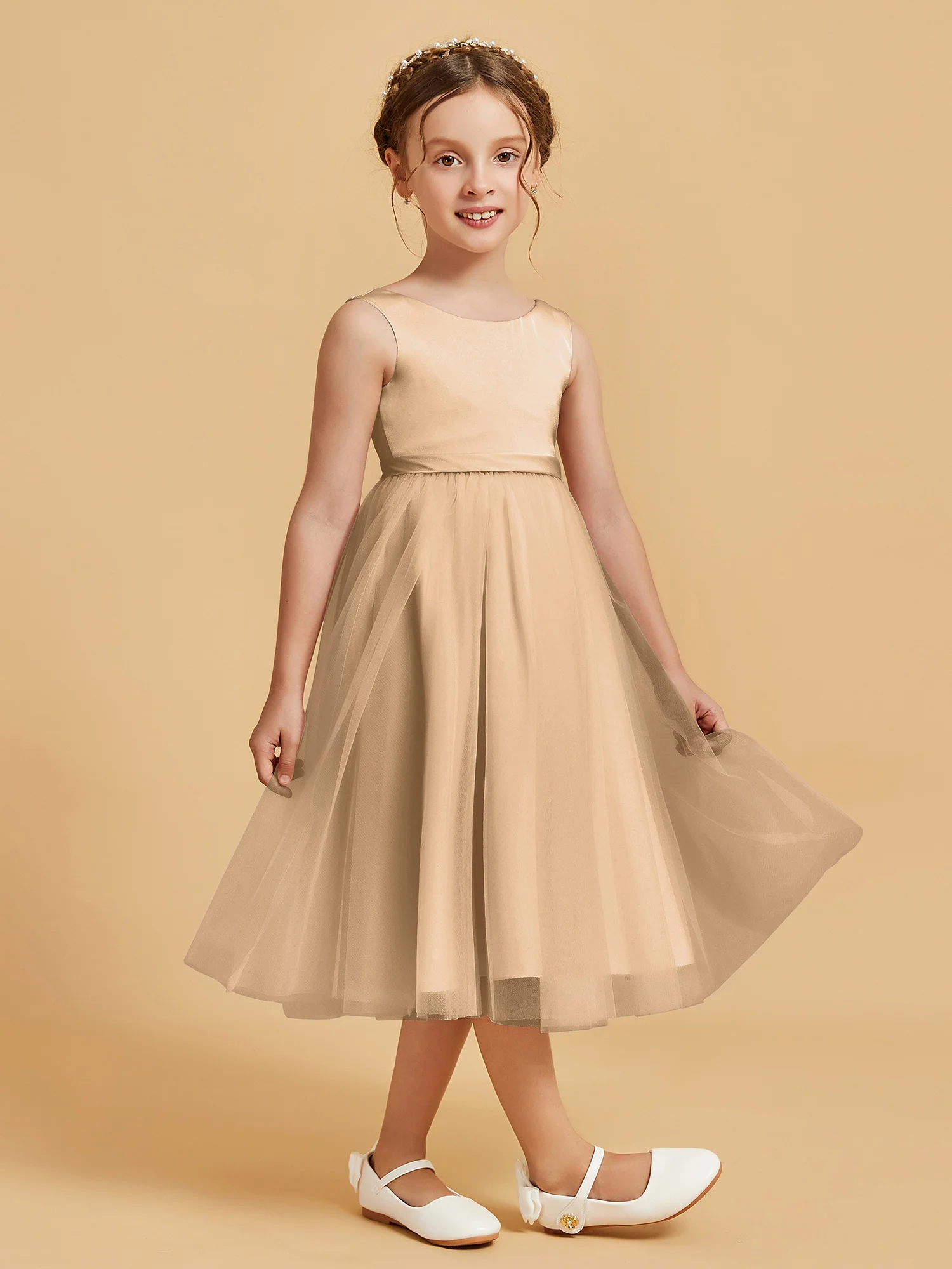 Sleeveless Satin Pleated Girl's Dress Champagne - Image 3