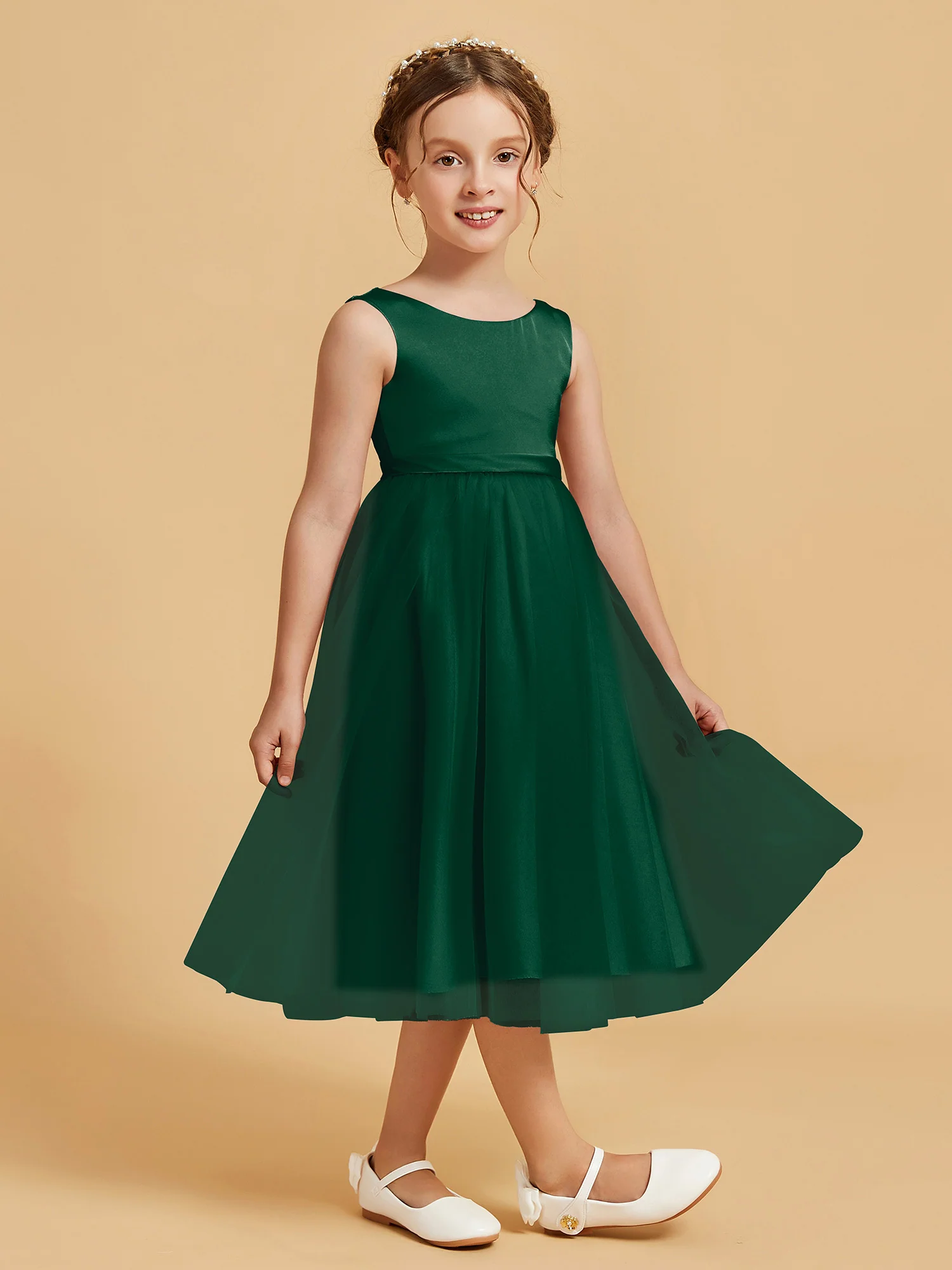 Sleeveless Satin Pleated Girl's Dress Dark Green - Image 3