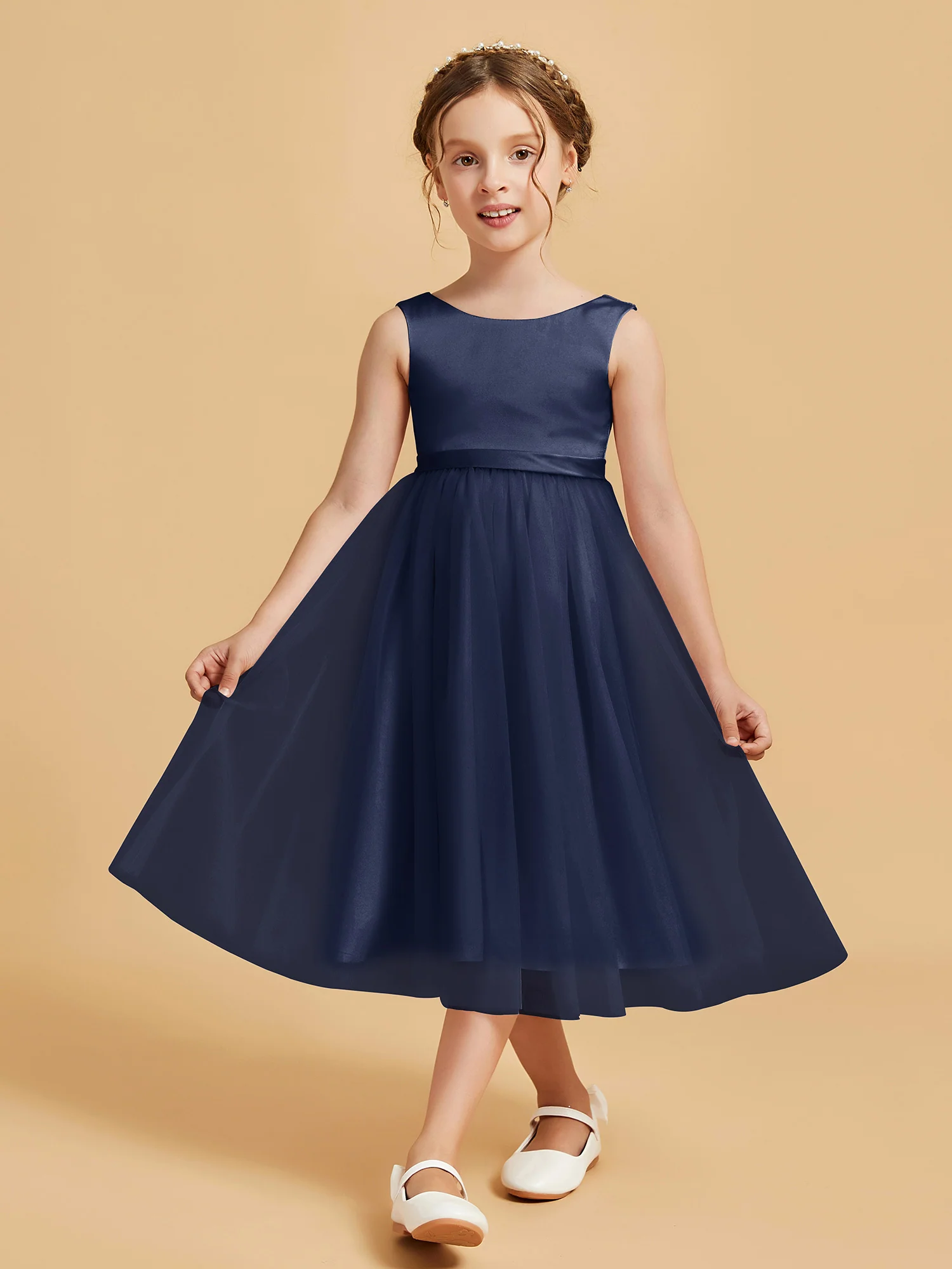 Sleeveless Satin Pleated Girl's Dress Dark Navy