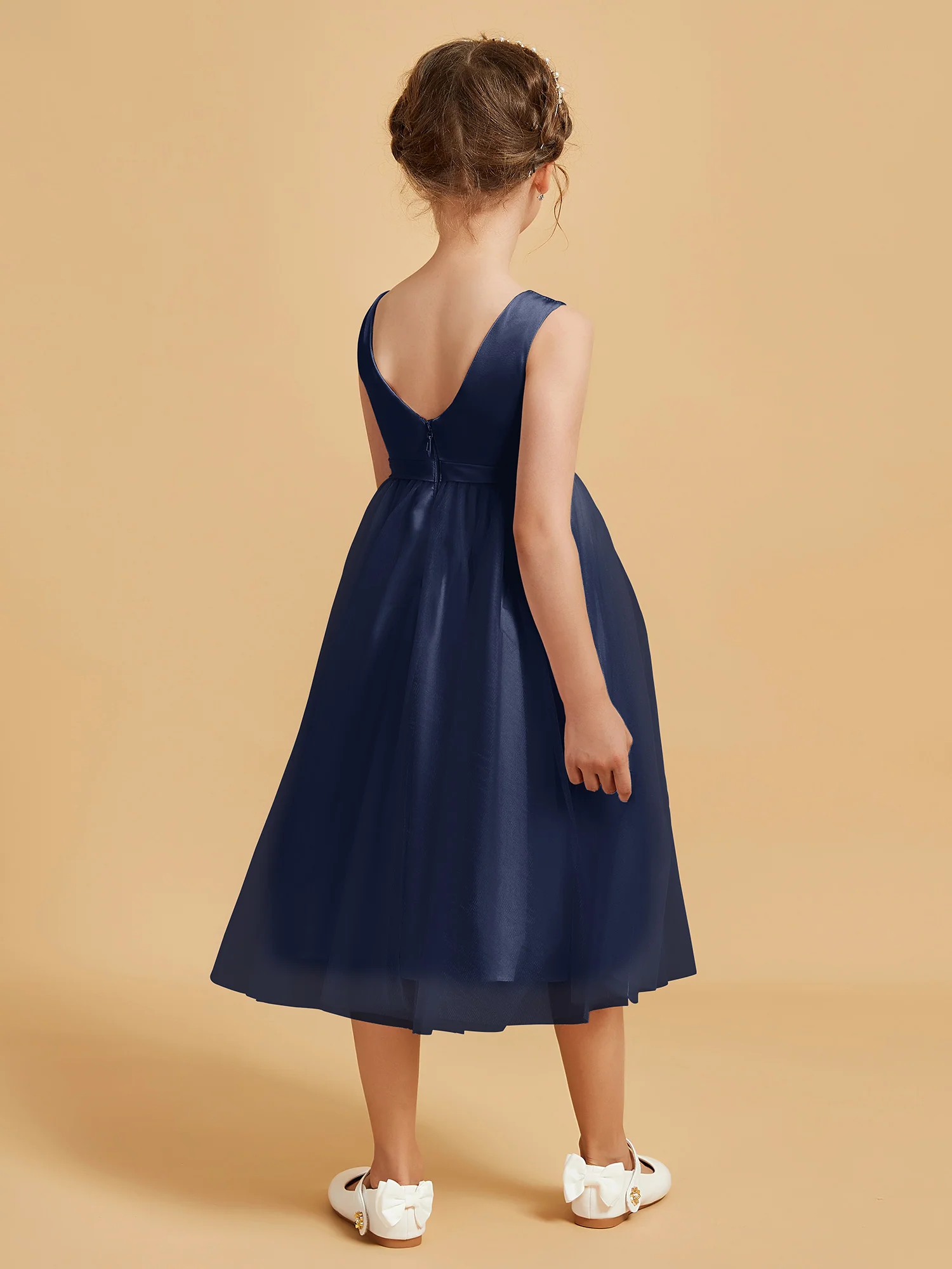 Sleeveless Satin Pleated Girl's Dress Dark Navy - Image 2