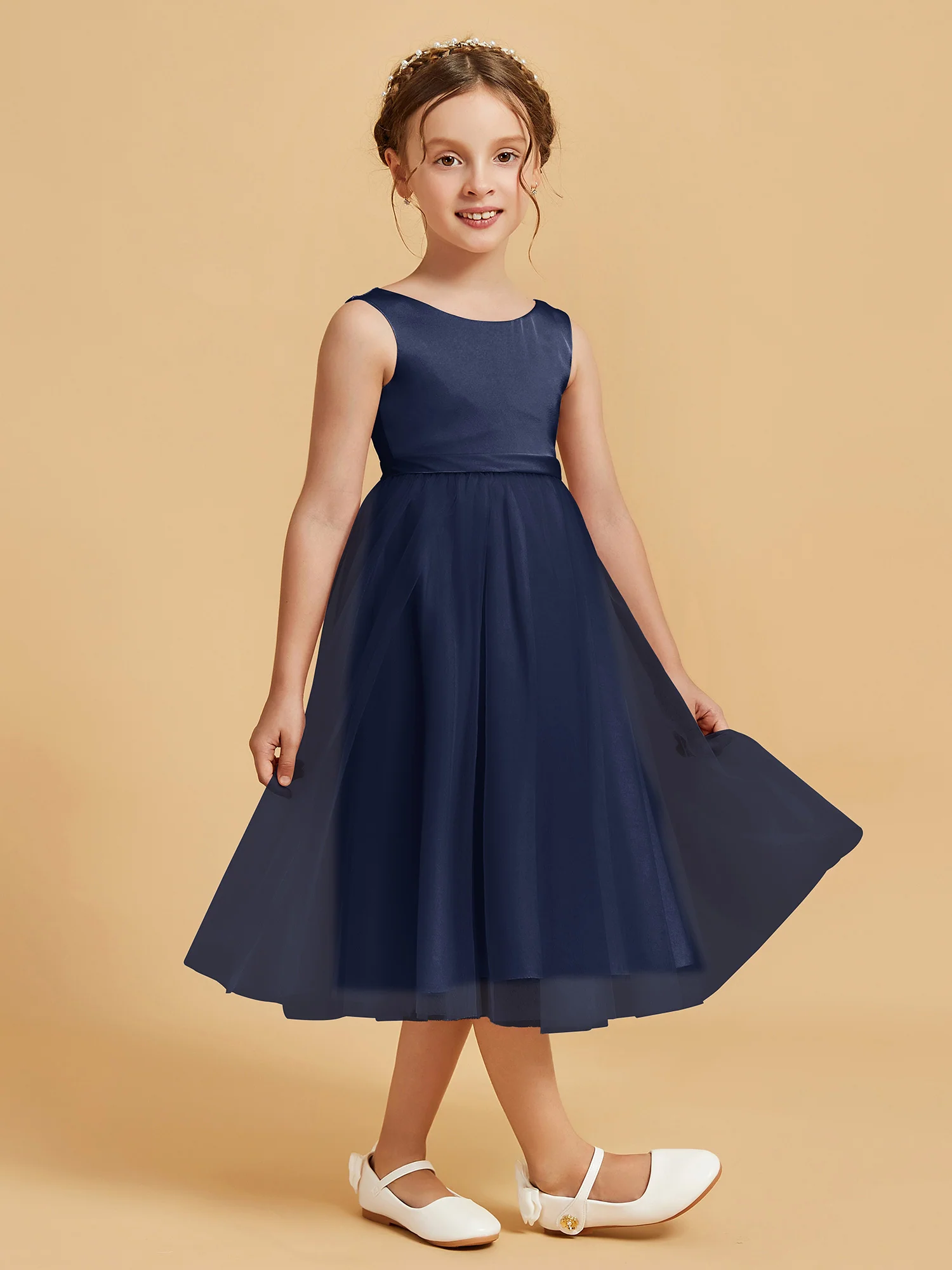 Sleeveless Satin Pleated Girl's Dress Dark Navy - Image 3