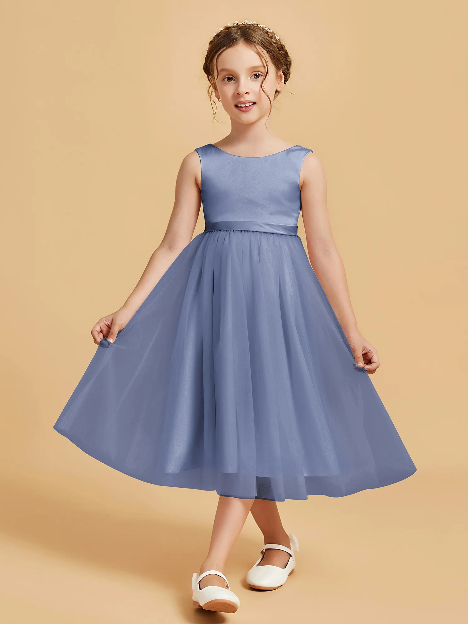 Sleeveless Satin Pleated Girl's Dress Dusty Blue