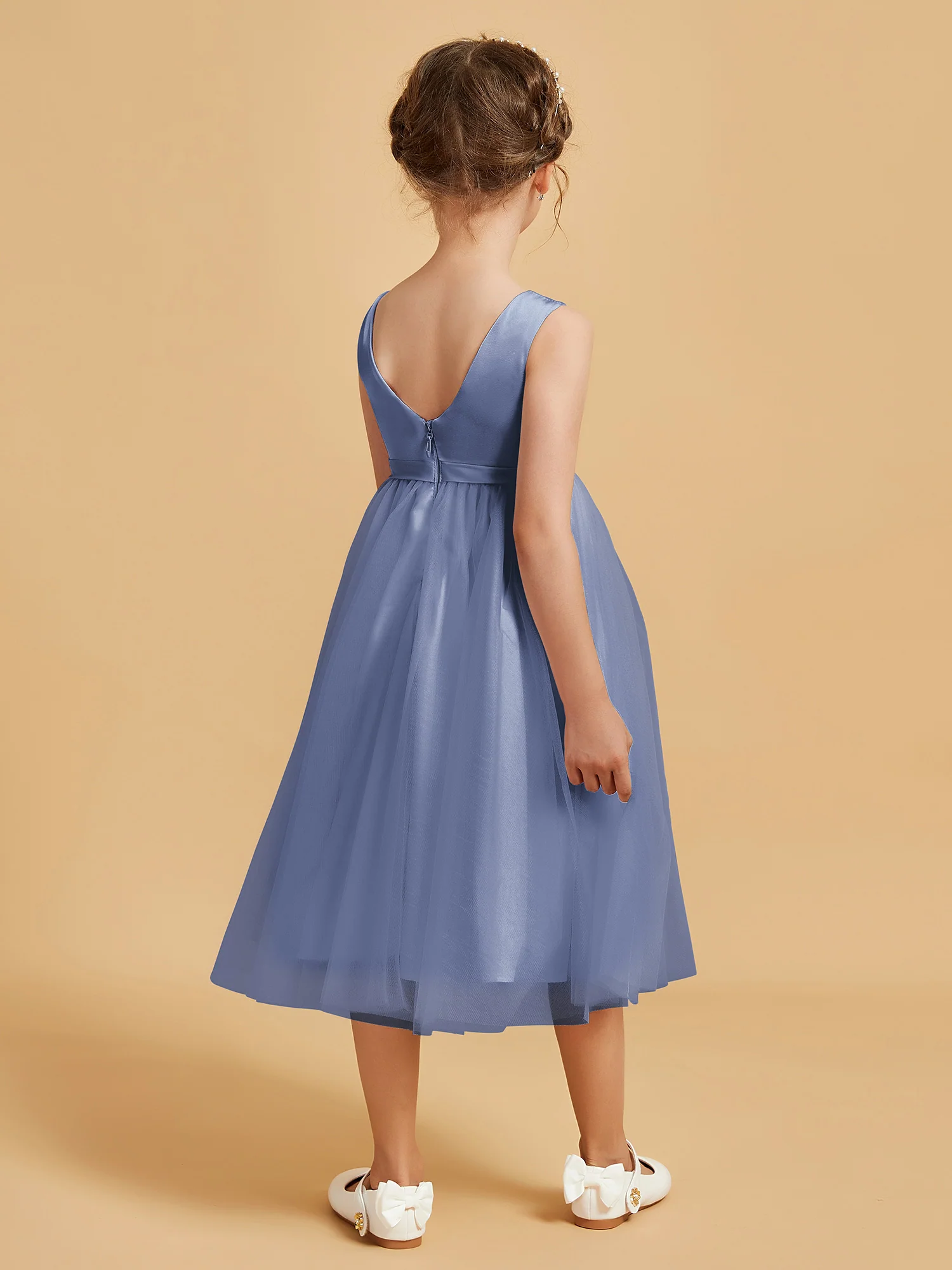 Sleeveless Satin Pleated Girl's Dress Dusty Blue - Image 2