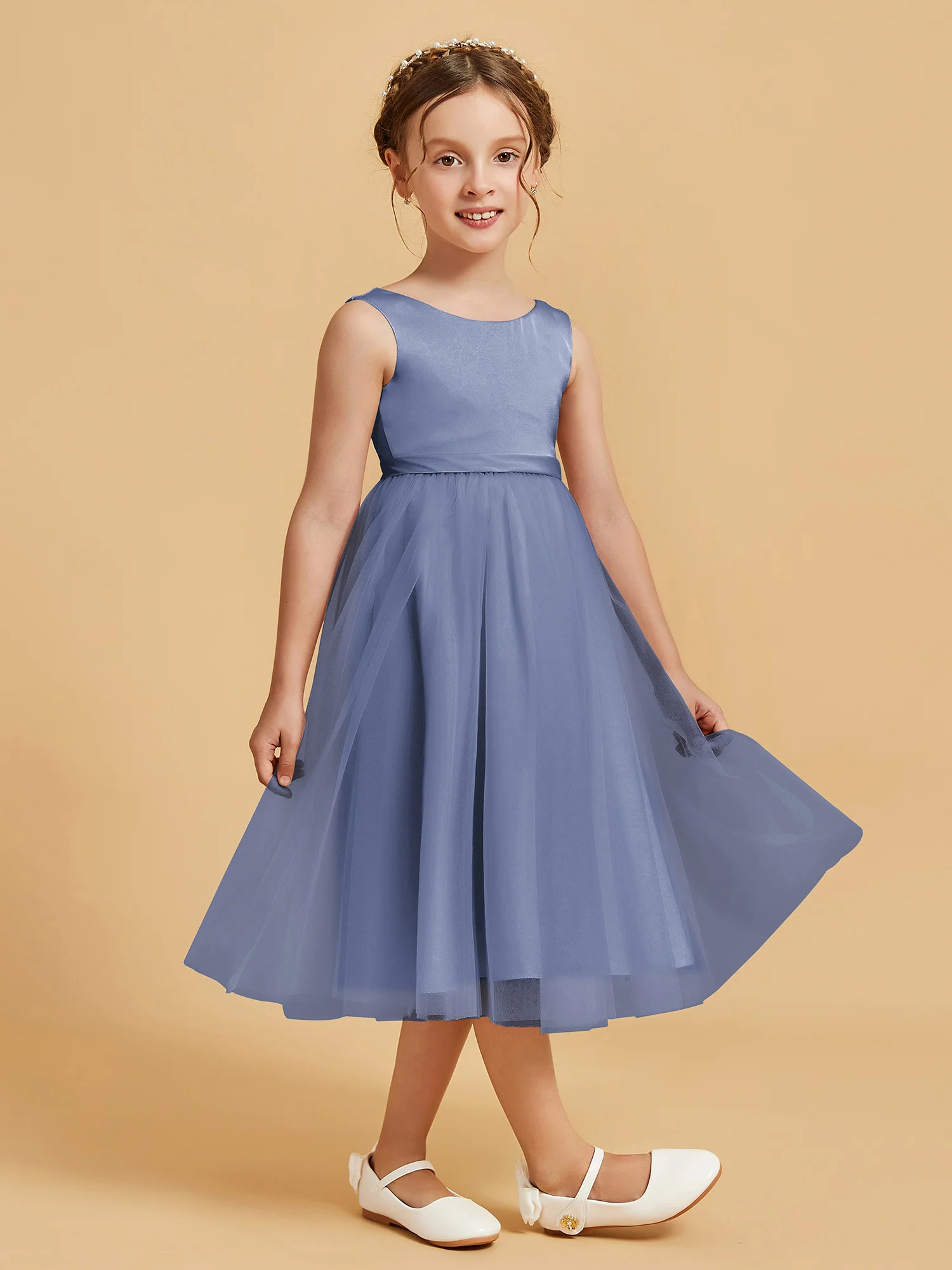 Sleeveless Satin Pleated Girl's Dress Dusty Blue - Image 3