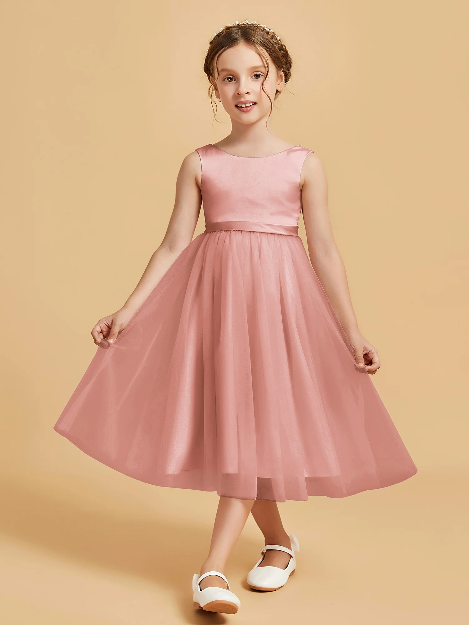Sleeveless Satin Pleated Girl's Dress Dusty Rose