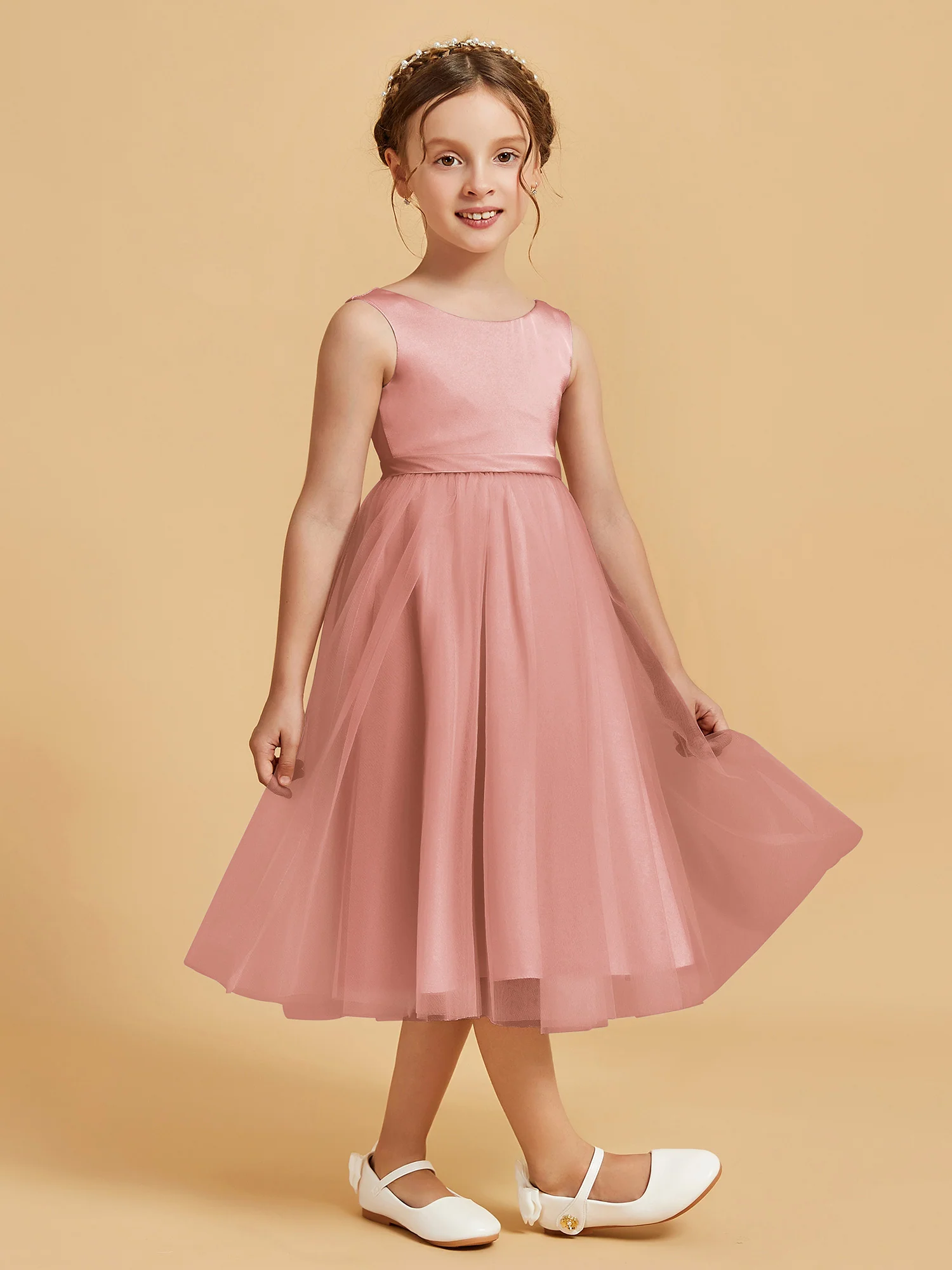 Sleeveless Satin Pleated Girl's Dress Dusty Rose - Image 3
