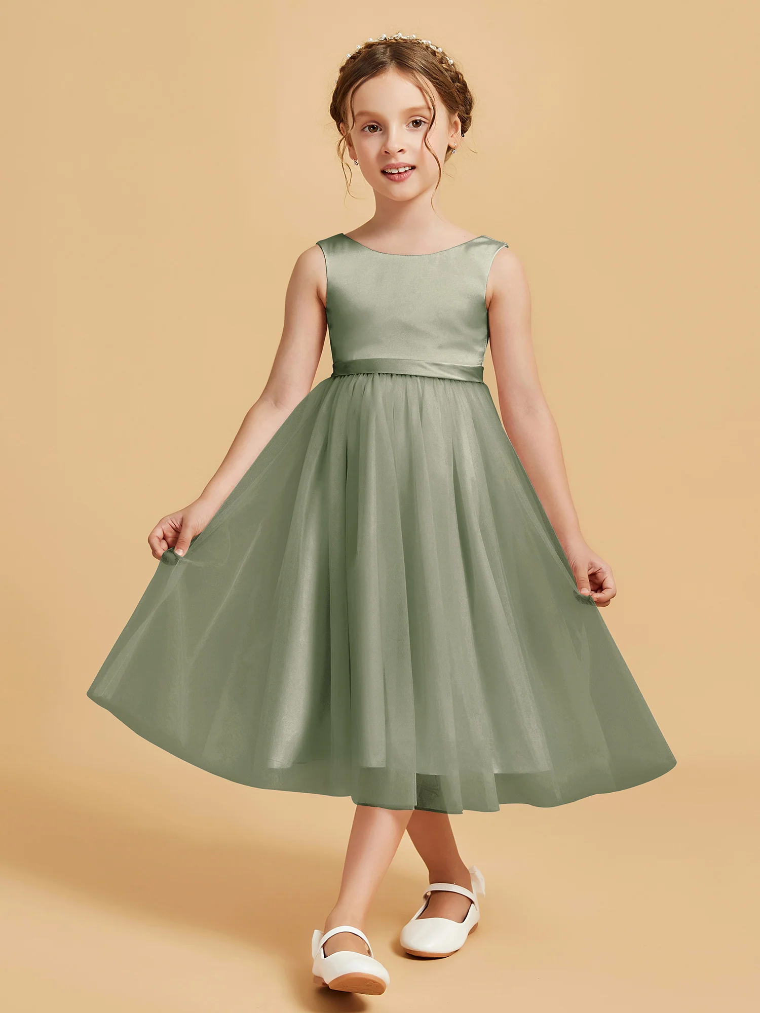 Sleeveless Satin Pleated Girl's Dress Dusty Sage