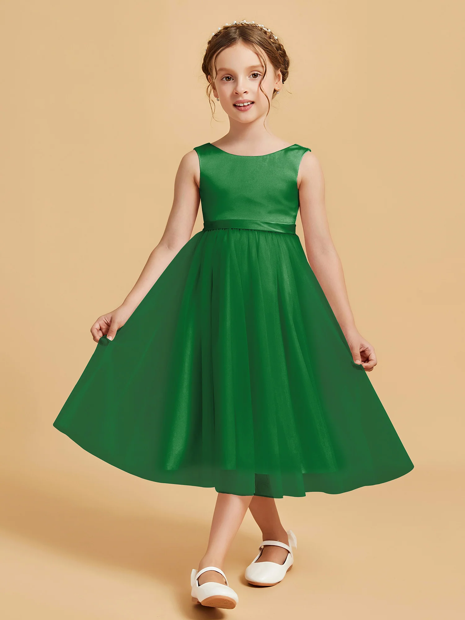 Sleeveless Satin Pleated Girl's Dress Emerald