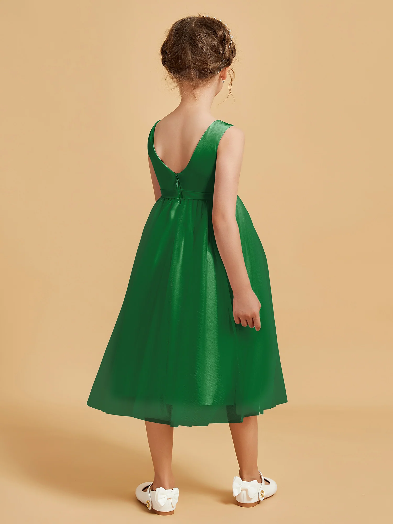 Sleeveless Satin Pleated Girl's Dress Emerald - Image 2