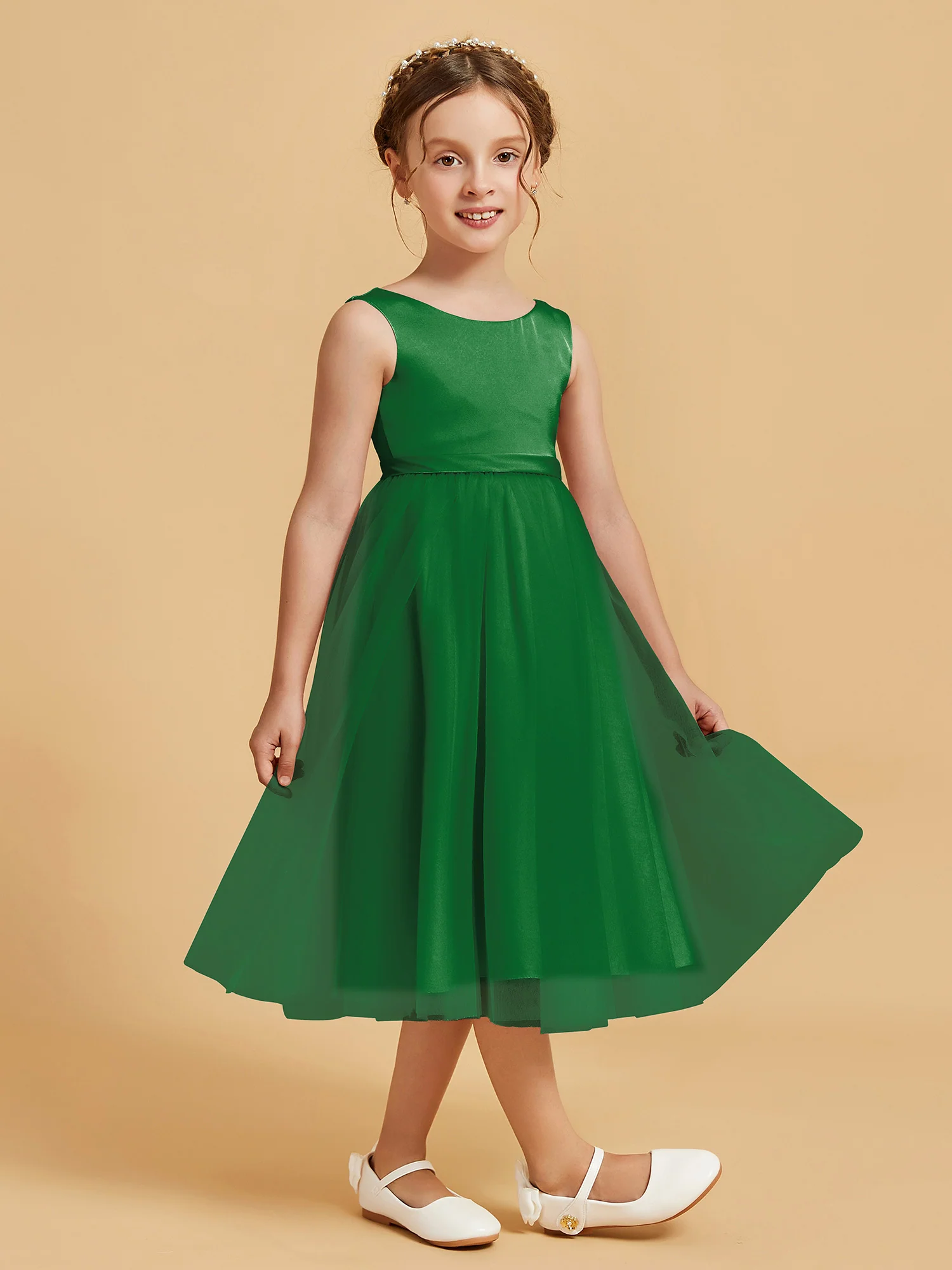 Sleeveless Satin Pleated Girl's Dress Emerald - Image 3