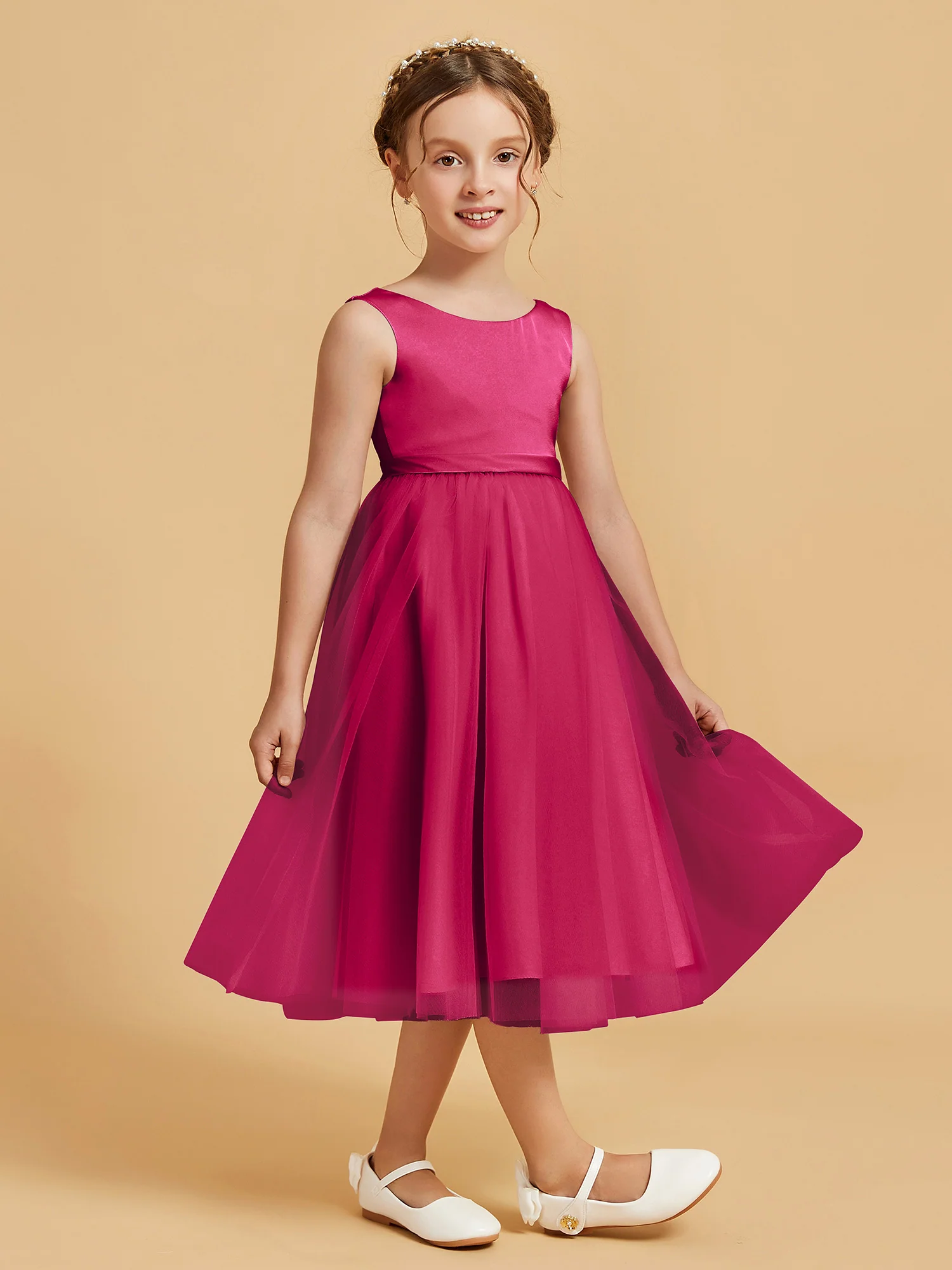 Sleeveless Satin Pleated Girl's Dress Fuchsia - Image 3