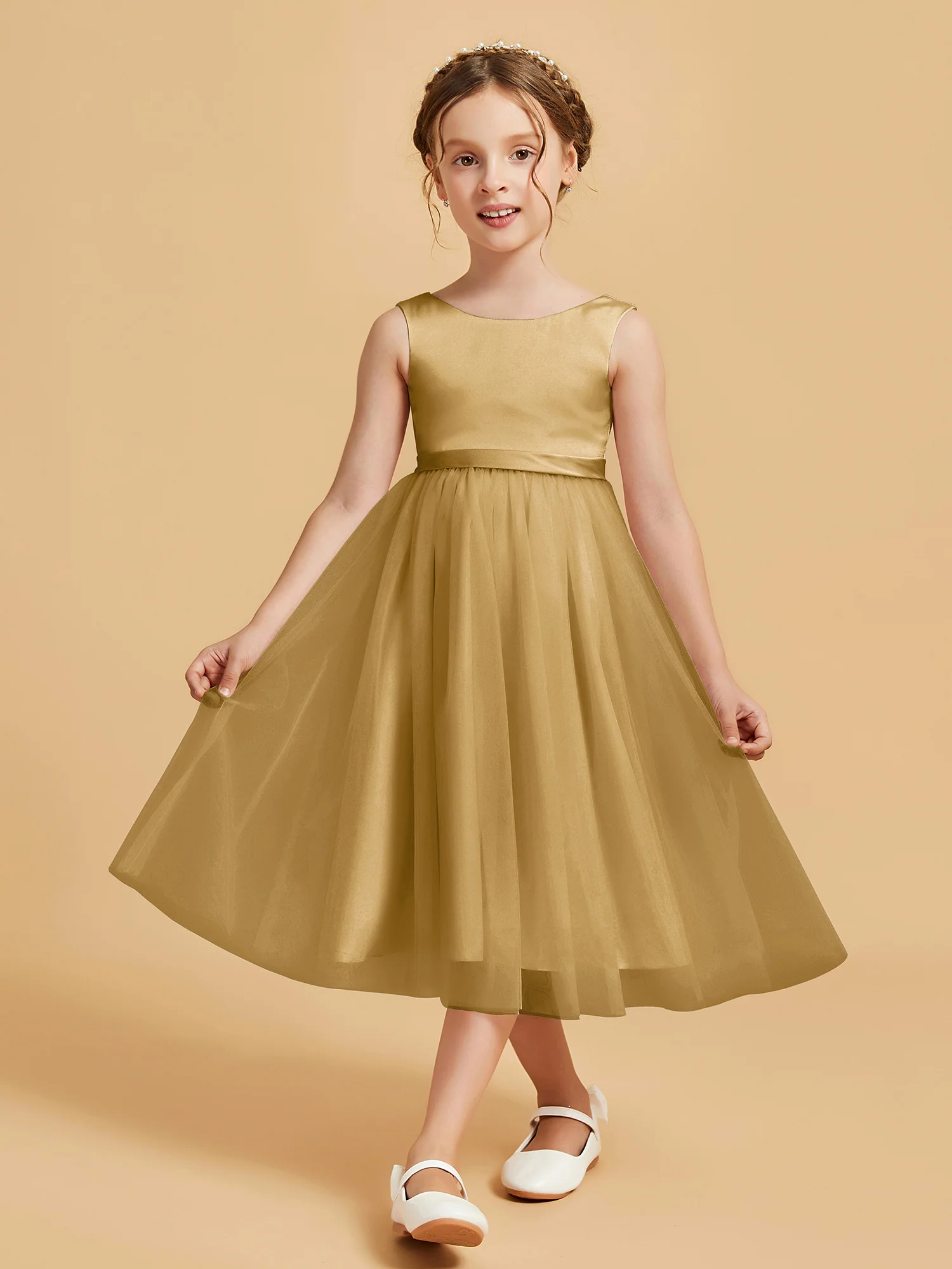 Sleeveless Satin Pleated Girl's Dress Gold