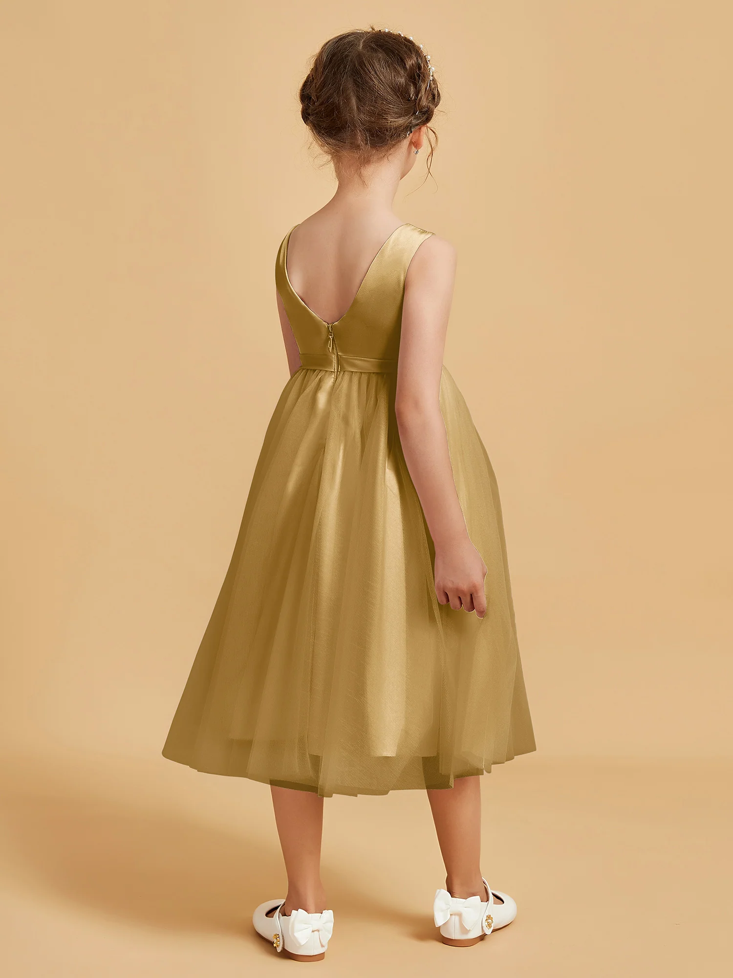 Sleeveless Satin Pleated Girl's Dress Gold - Image 2