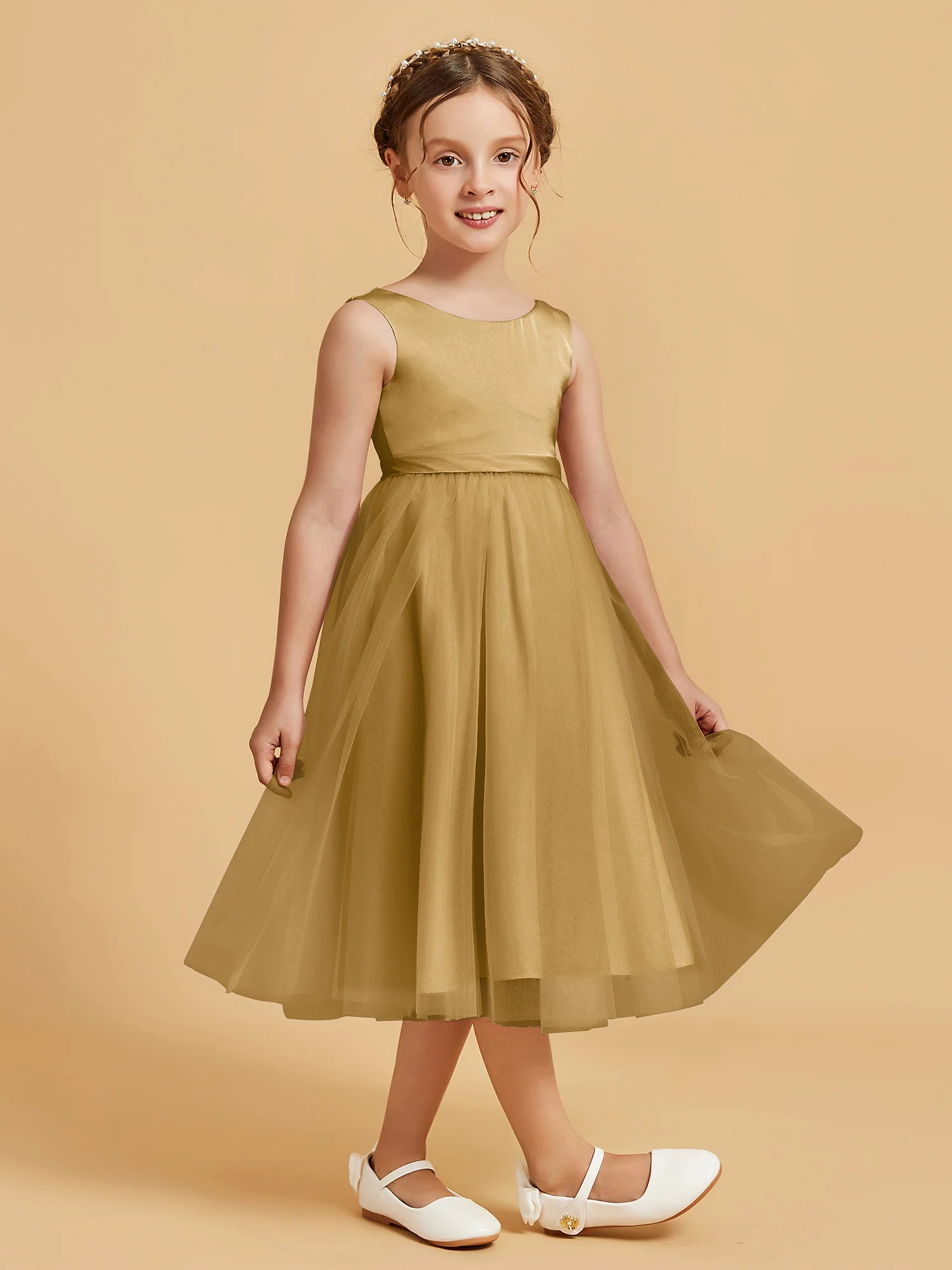 Sleeveless Satin Pleated Girl's Dress Gold - Image 3