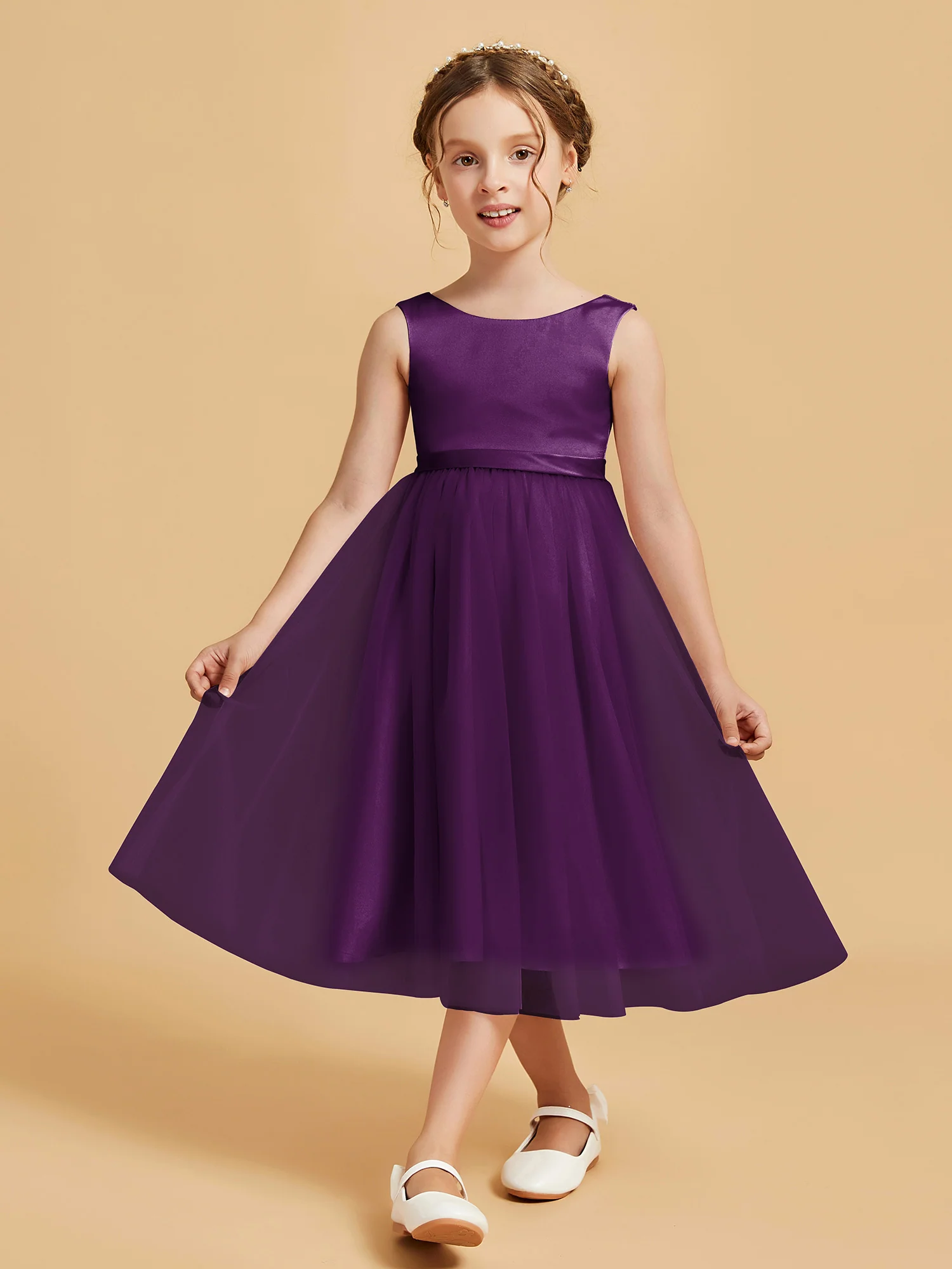 Sleeveless Satin Pleated Girl's Dress Grape