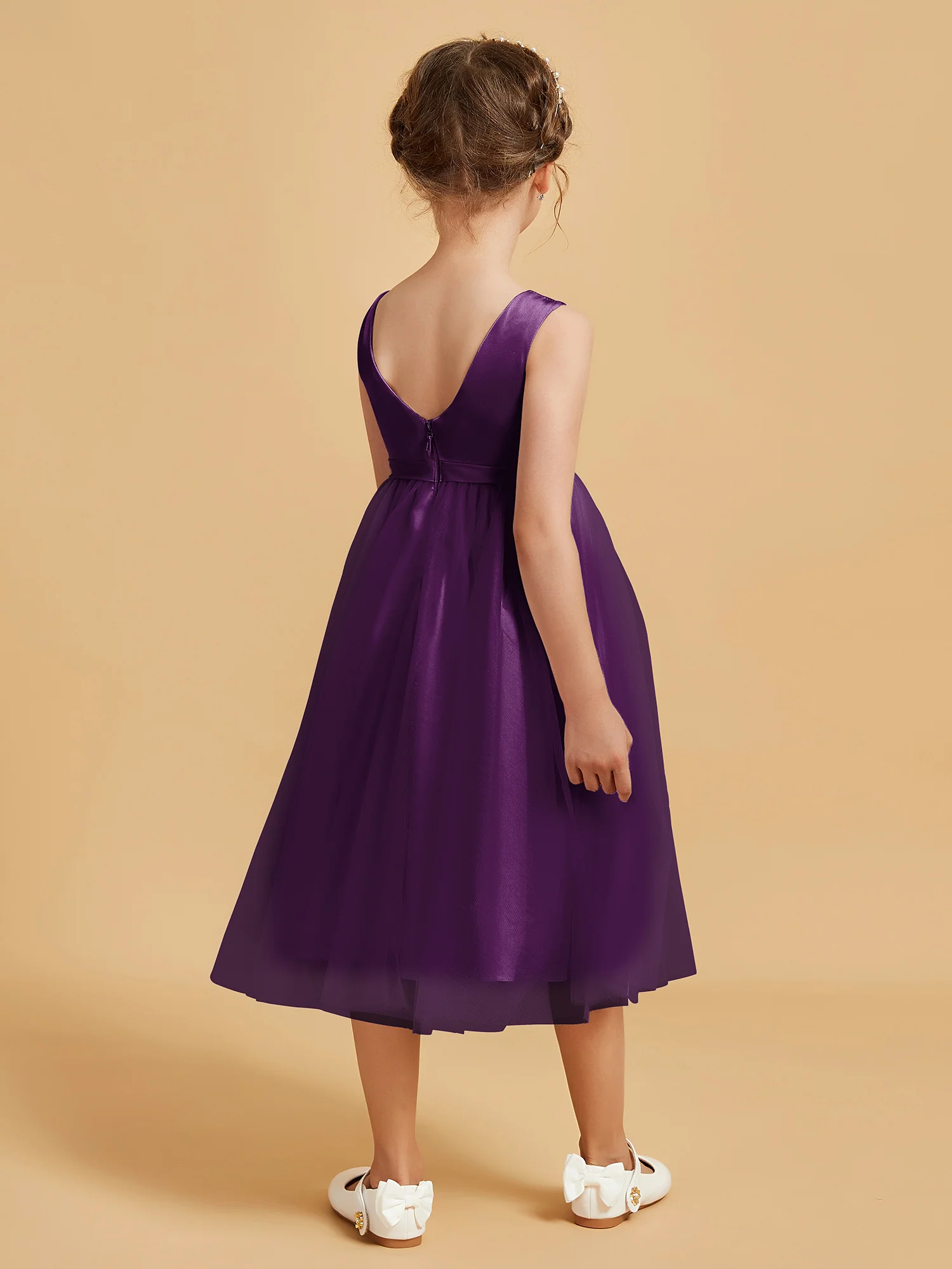 Sleeveless Satin Pleated Girl's Dress Grape - Image 2