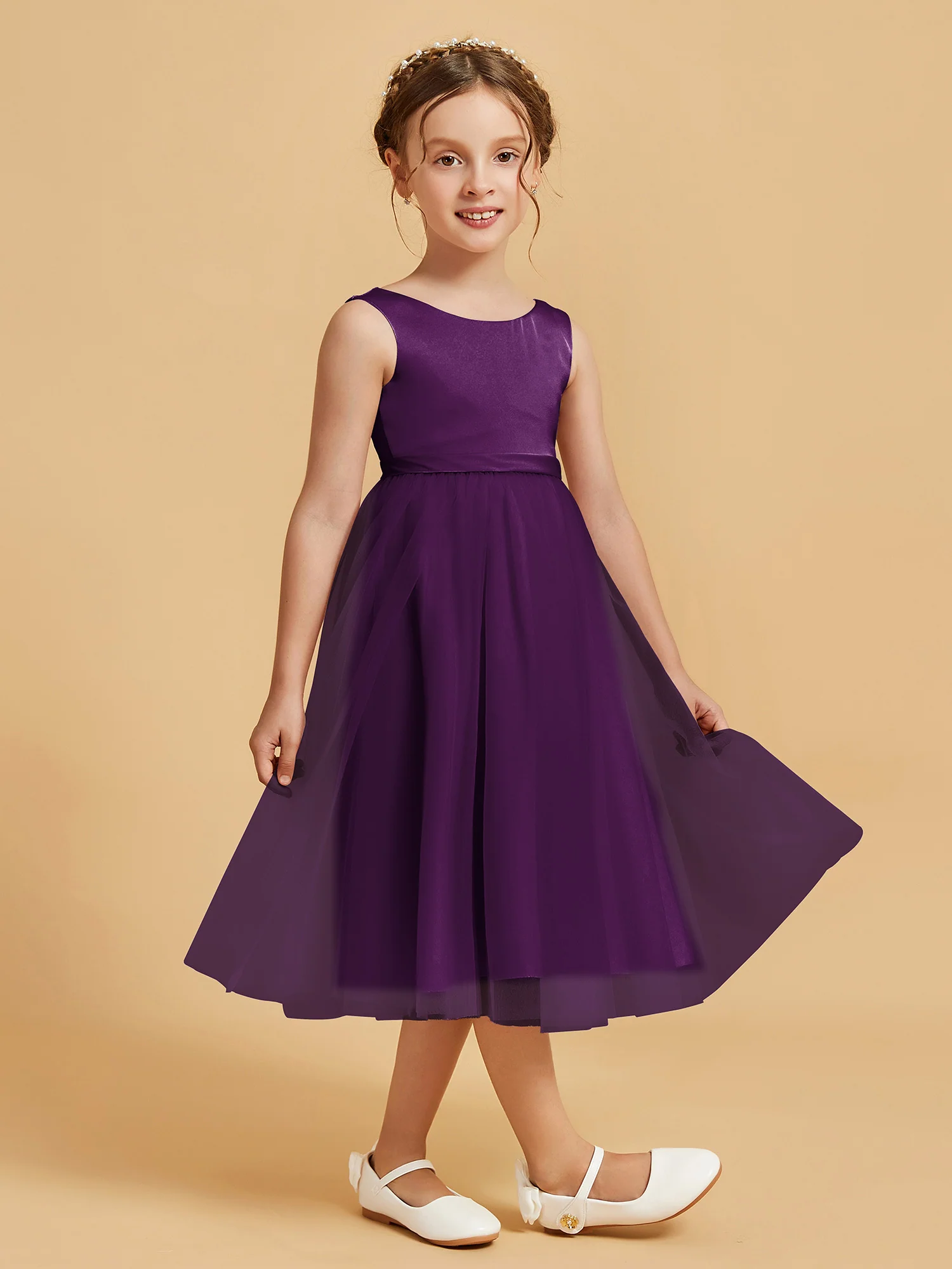 Sleeveless Satin Pleated Girl's Dress Grape - Image 3