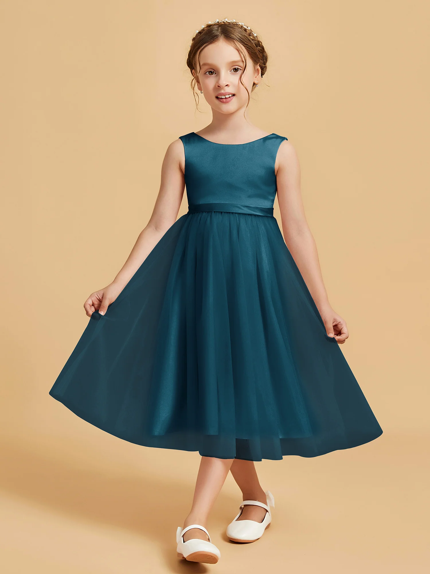 Sleeveless Satin Pleated Girl's Dress Ink Blue