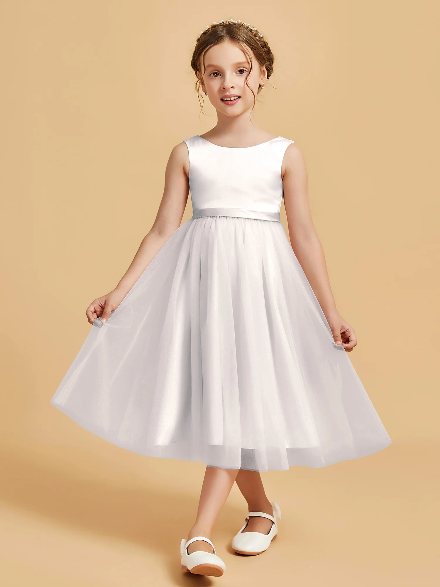 Sleeveless Satin Pleated Girl's Dress Ivory