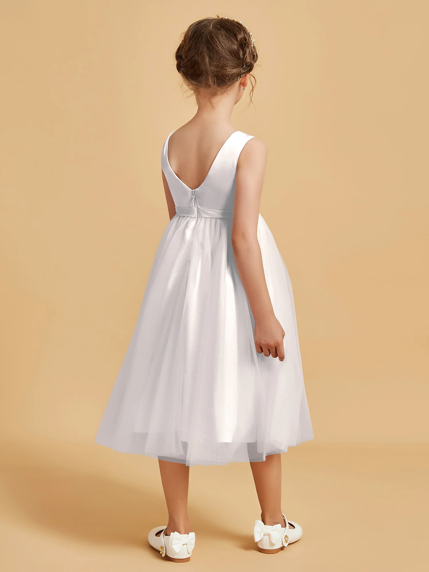 Sleeveless Satin Pleated Girl's Dress Ivory - Image 2
