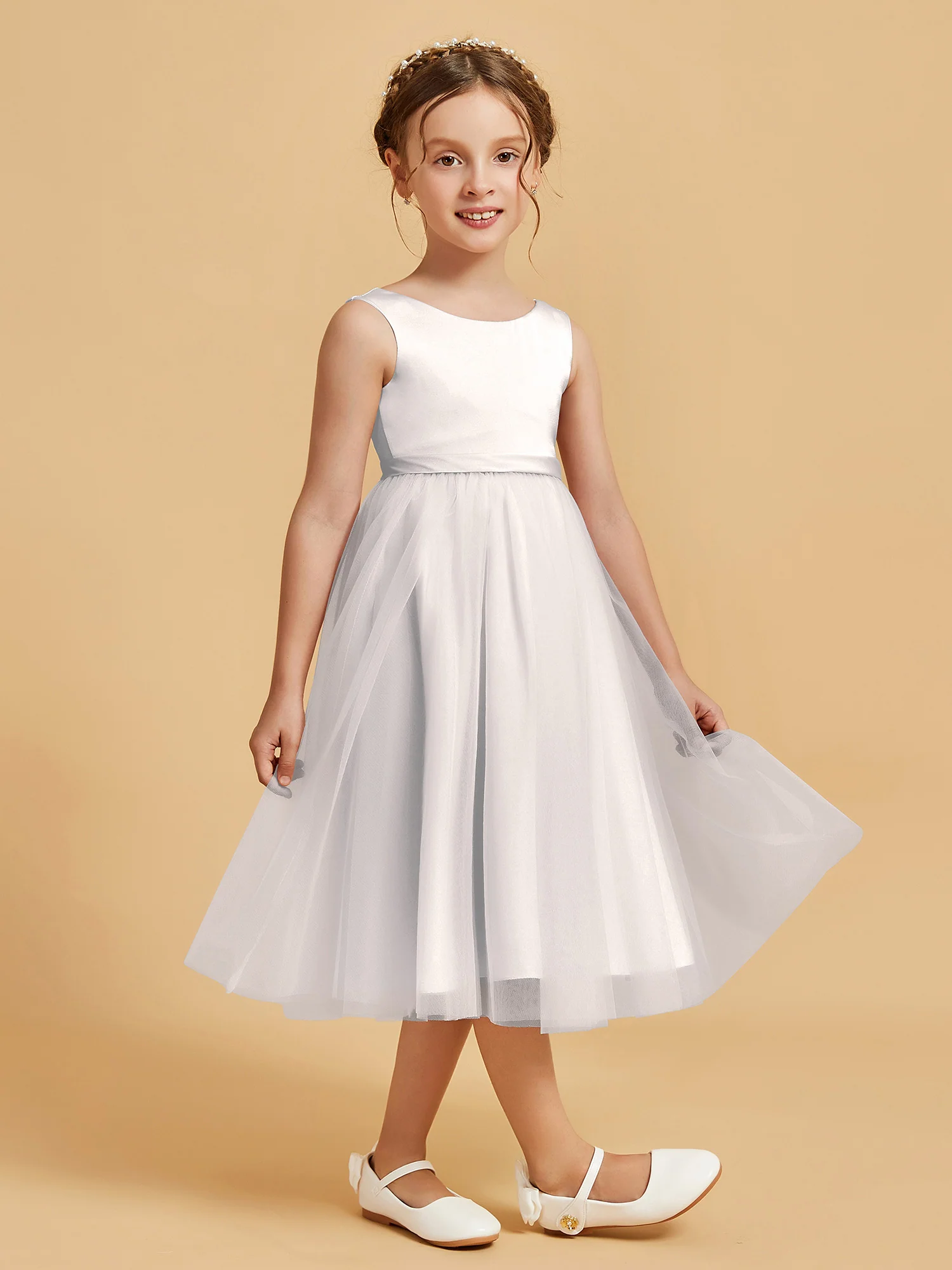 Sleeveless Satin Pleated Girl's Dress Ivory - Image 3