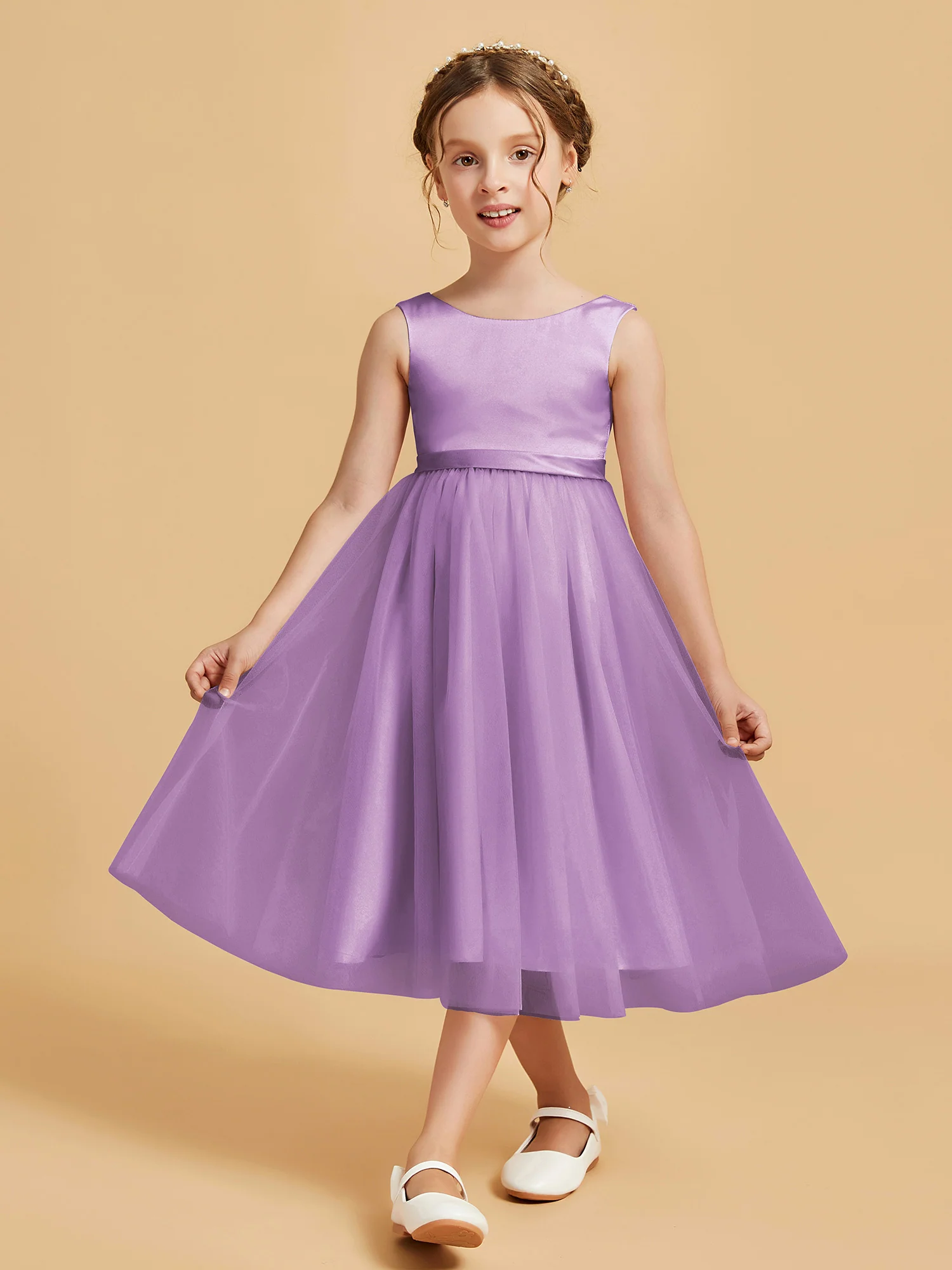 Sleeveless Satin Pleated Girl's Dress Lilac