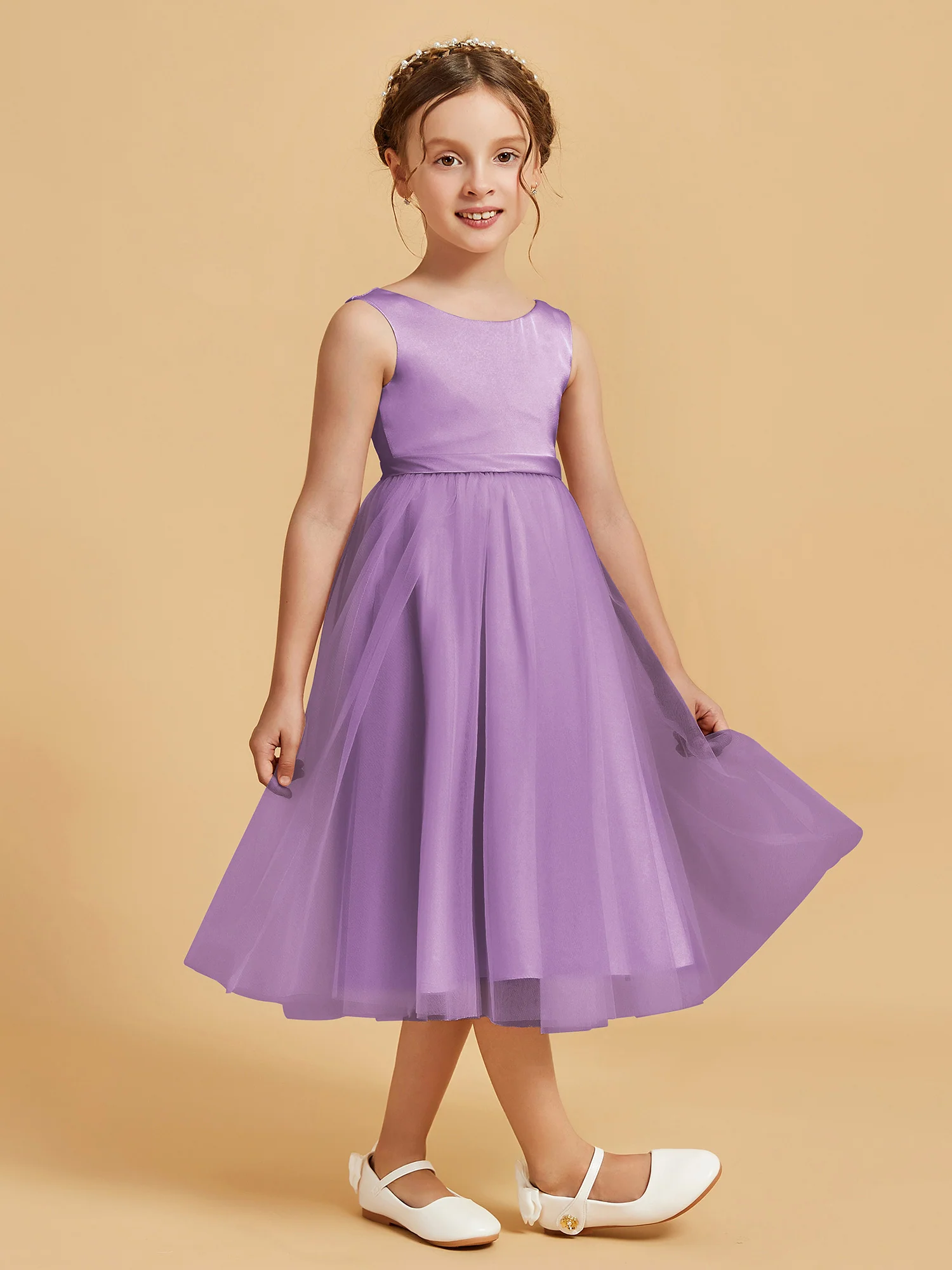 Sleeveless Satin Pleated Girl's Dress Lilac - Image 3