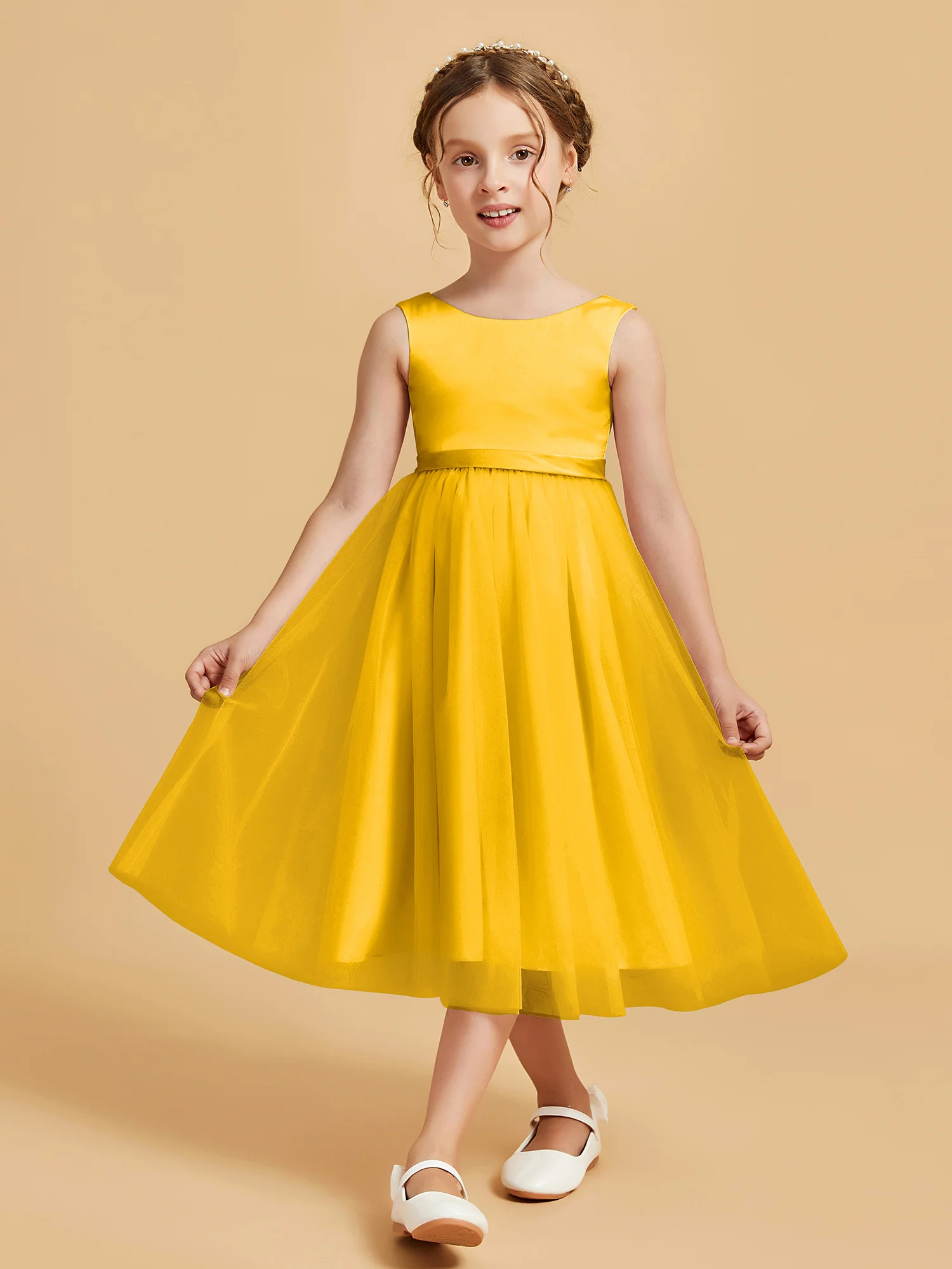 Sleeveless Satin Pleated Girl's Dress Marigold