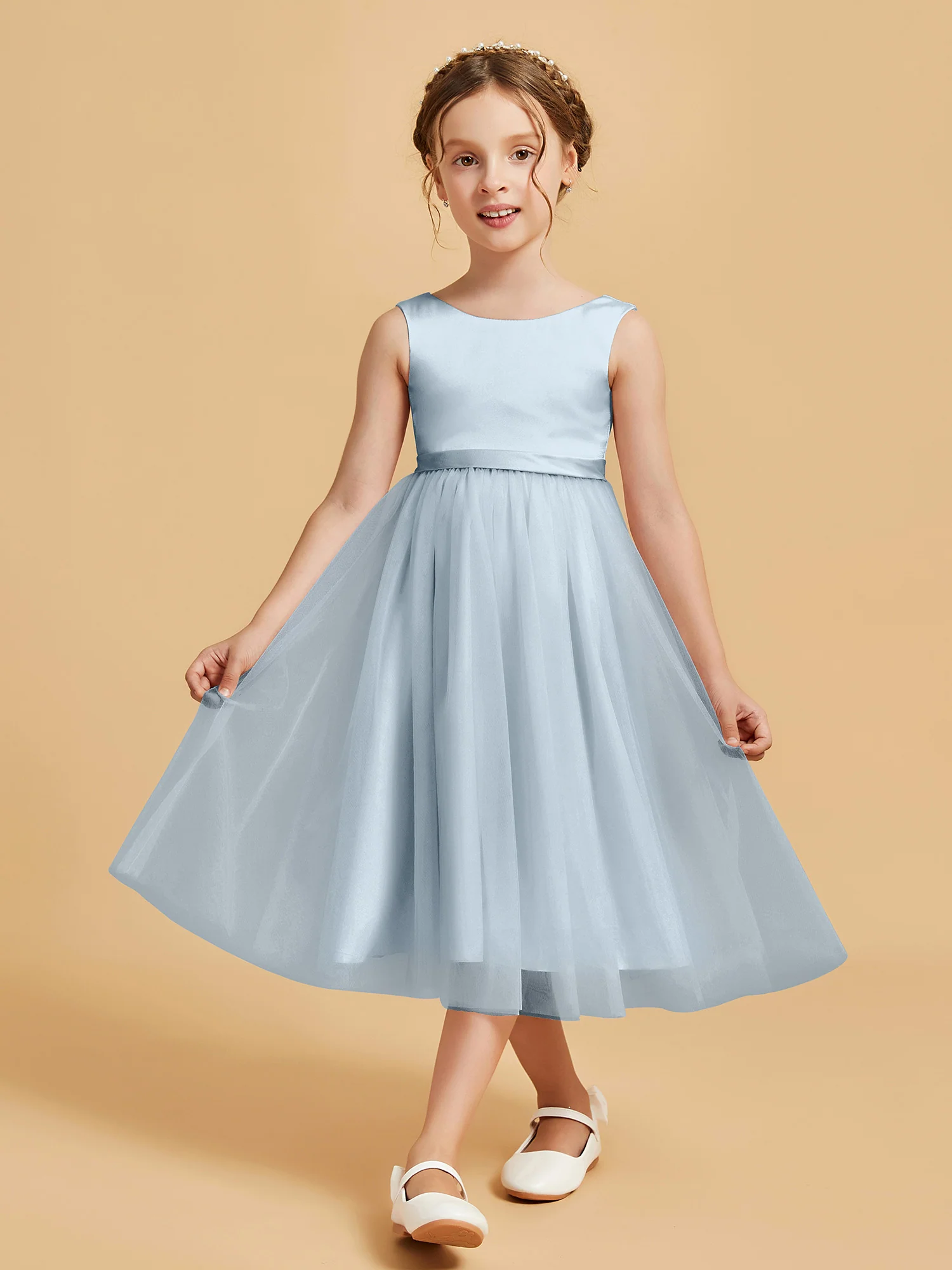 Sleeveless Satin Pleated Girl's Dress Mist