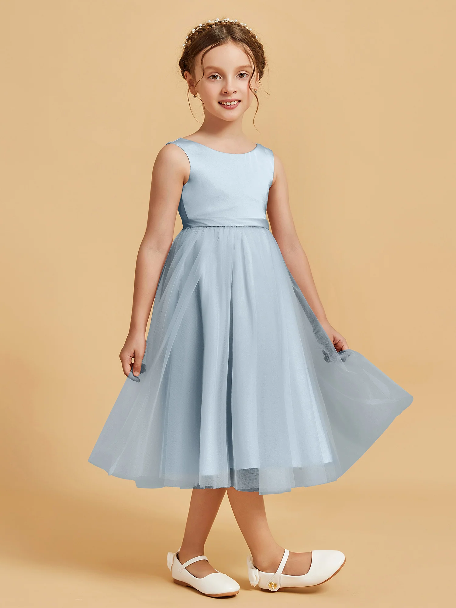 Sleeveless Satin Pleated Girl's Dress Mist - Image 3