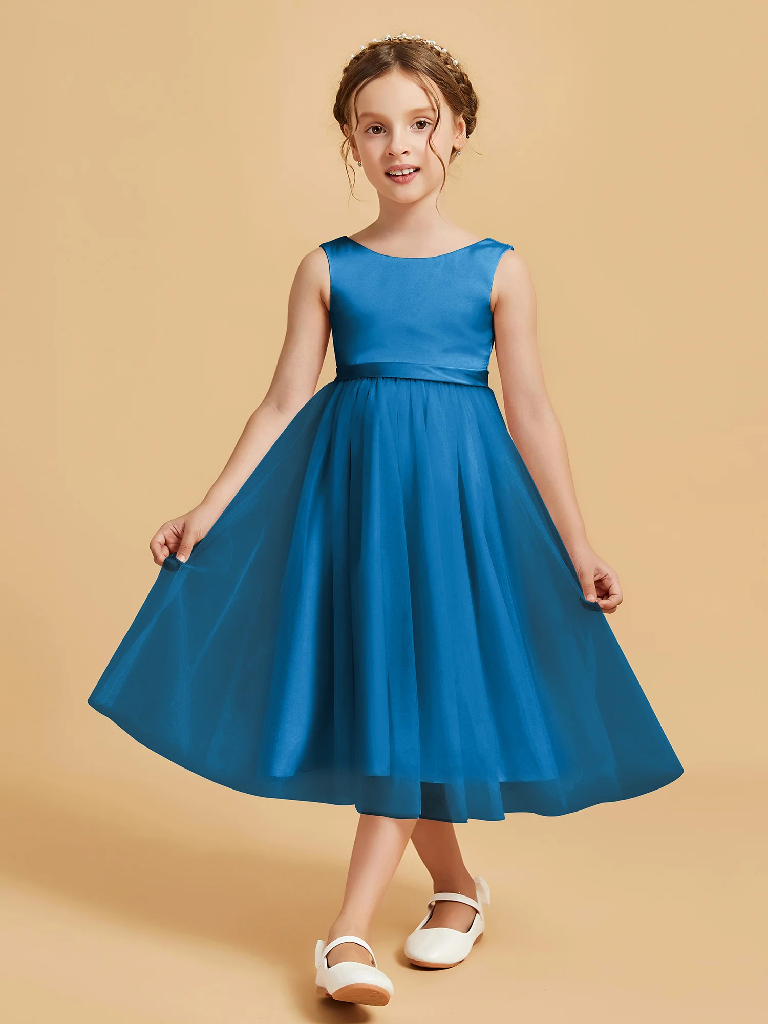 Sleeveless Satin Pleated Girl's Dress Ocean Blue